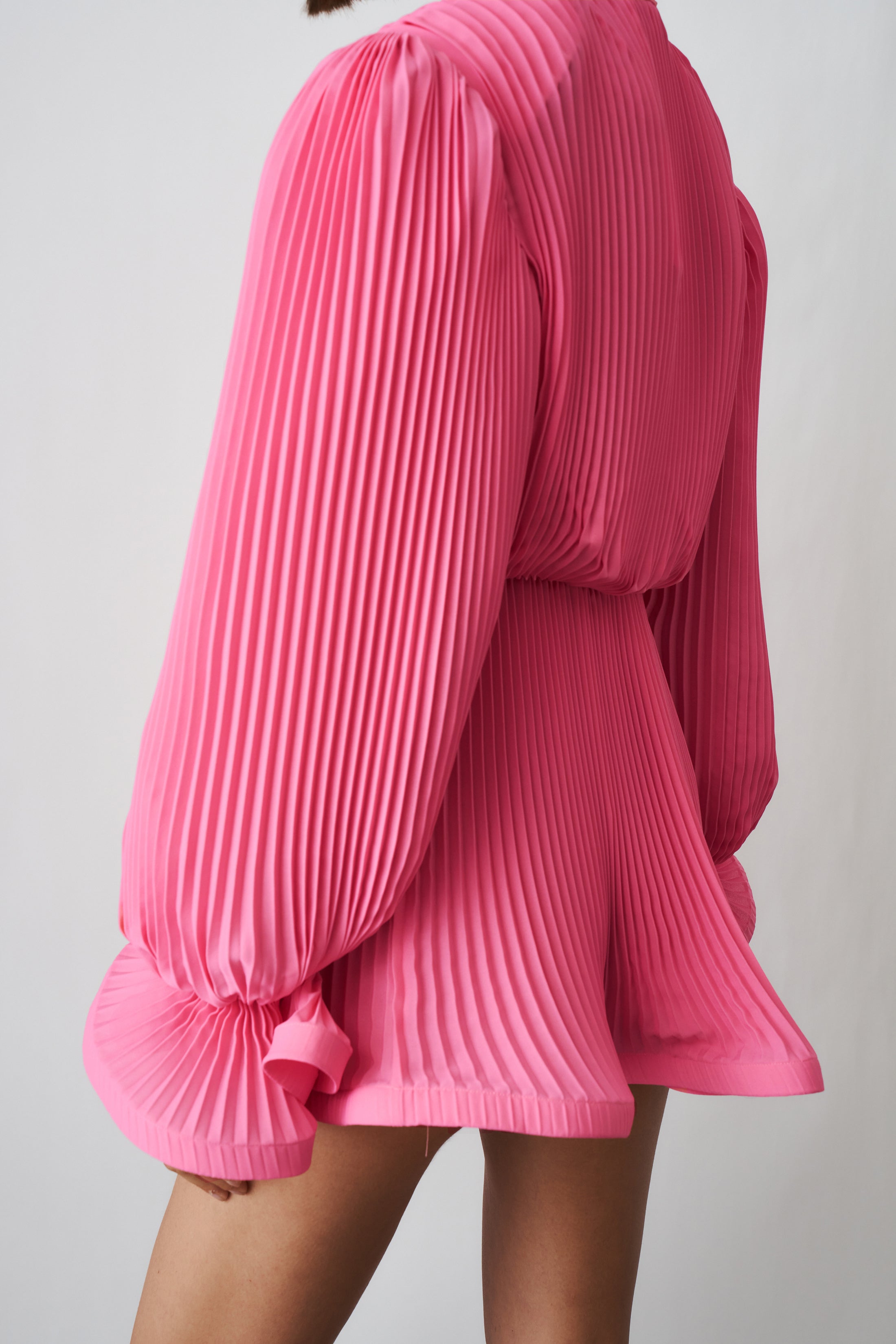Pleated Puffy Mini Dress with Scarf In Pink