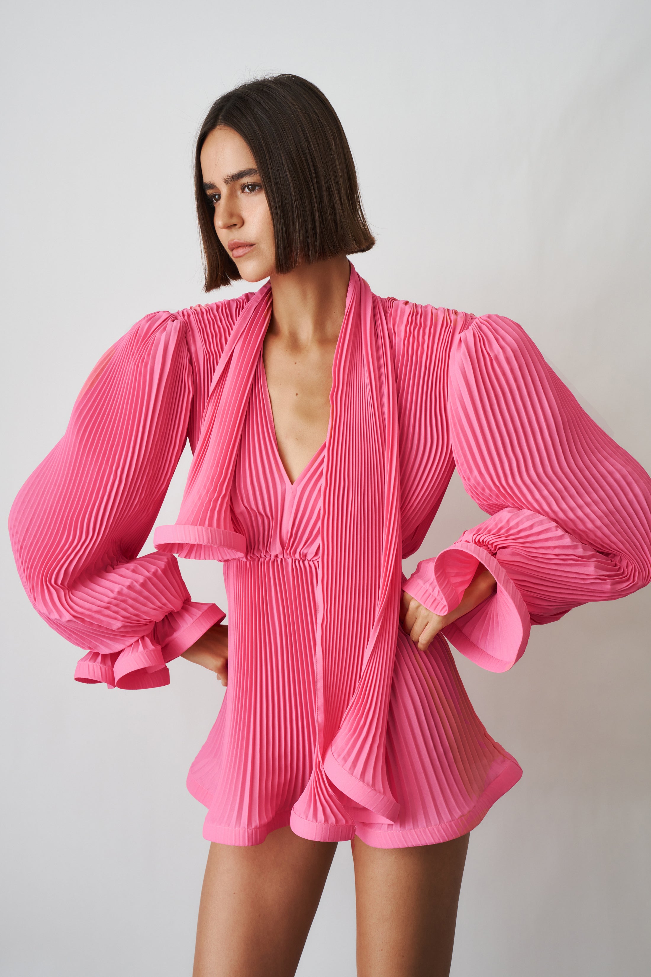 Pleated Puffy Mini Dress with Scarf In Pink