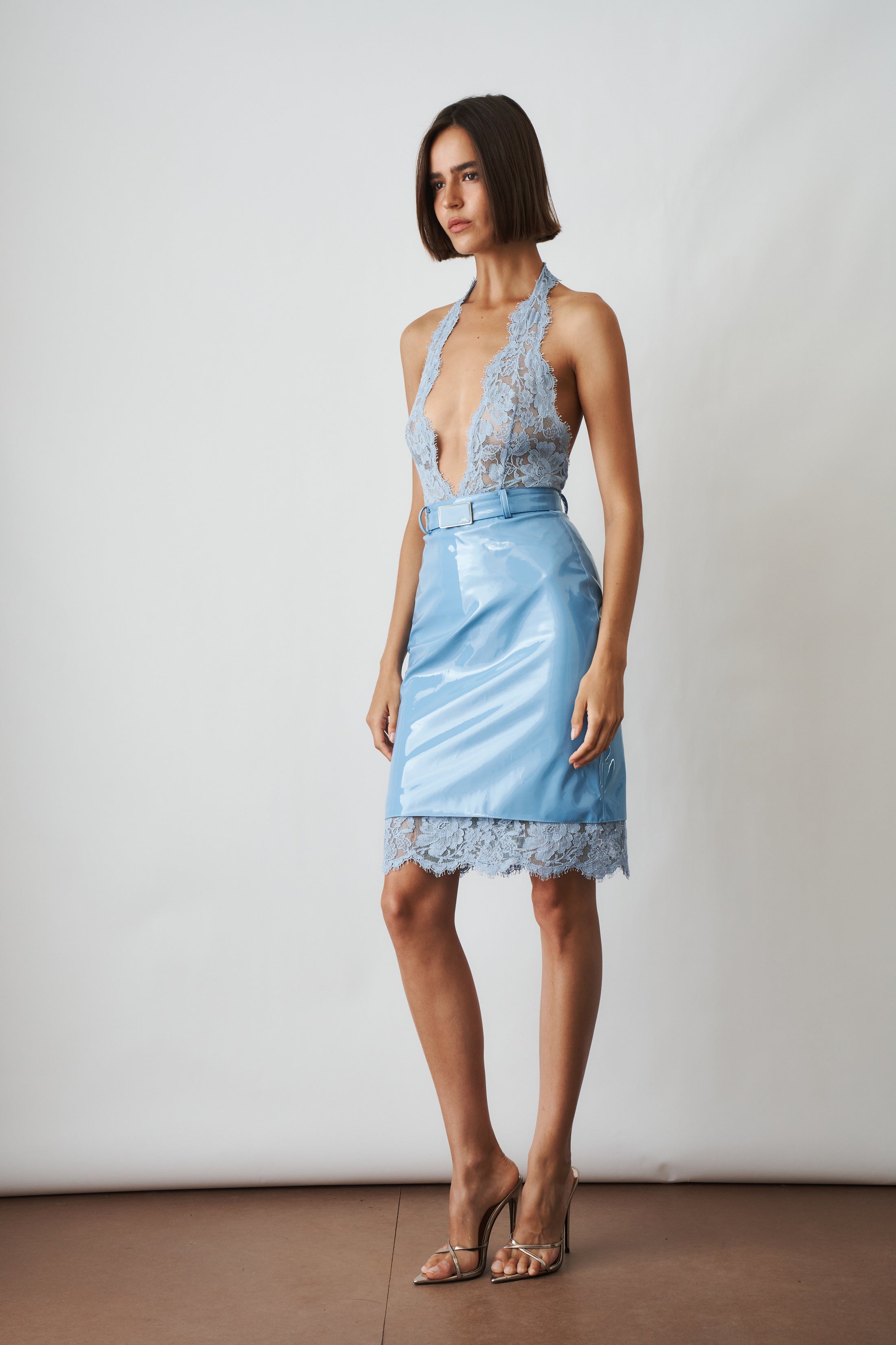 Midi Skirt With Lace Contrasts Vinyl Blue