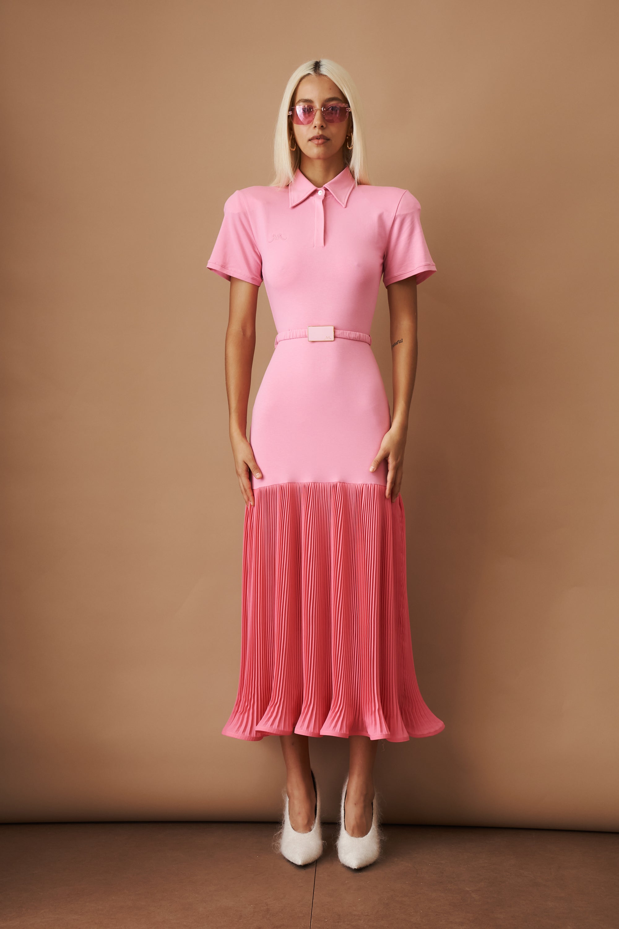Polo Dress with Pleated Skirt in Pink