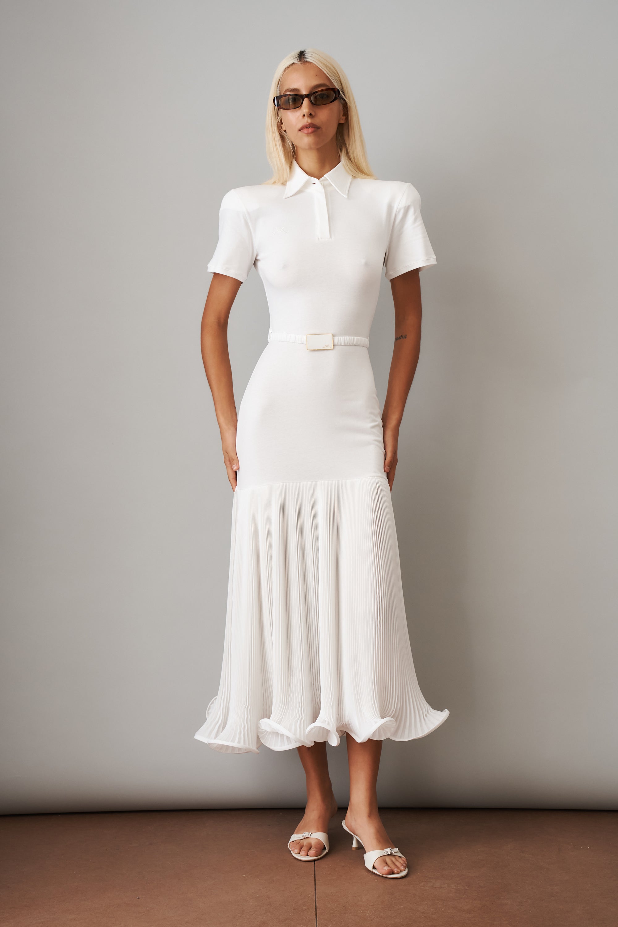 Polo Dress with Pleated Skirt in White