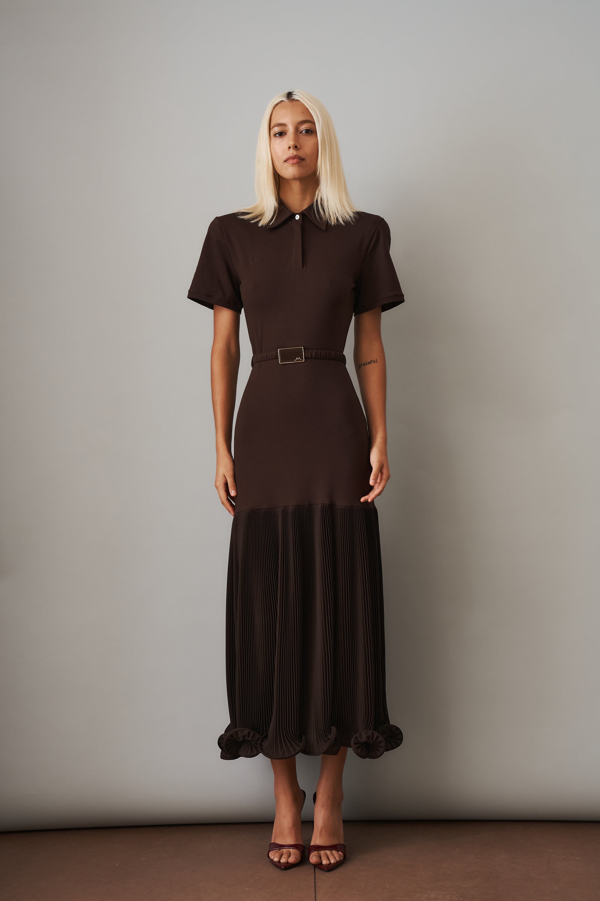 Polo Dress with Pleated Skirt in Brown