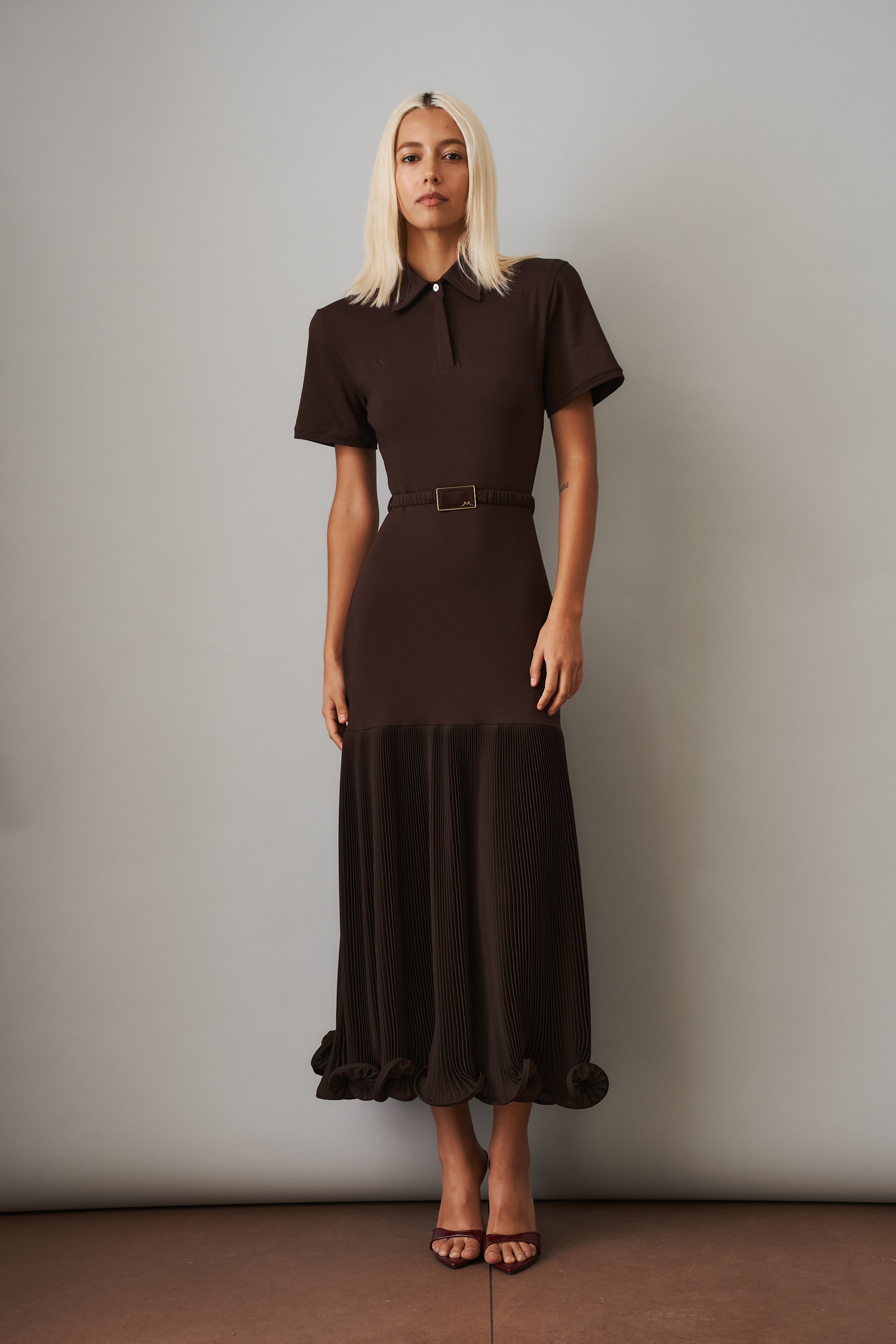Polo Dress with Pleated Skirt in Brown