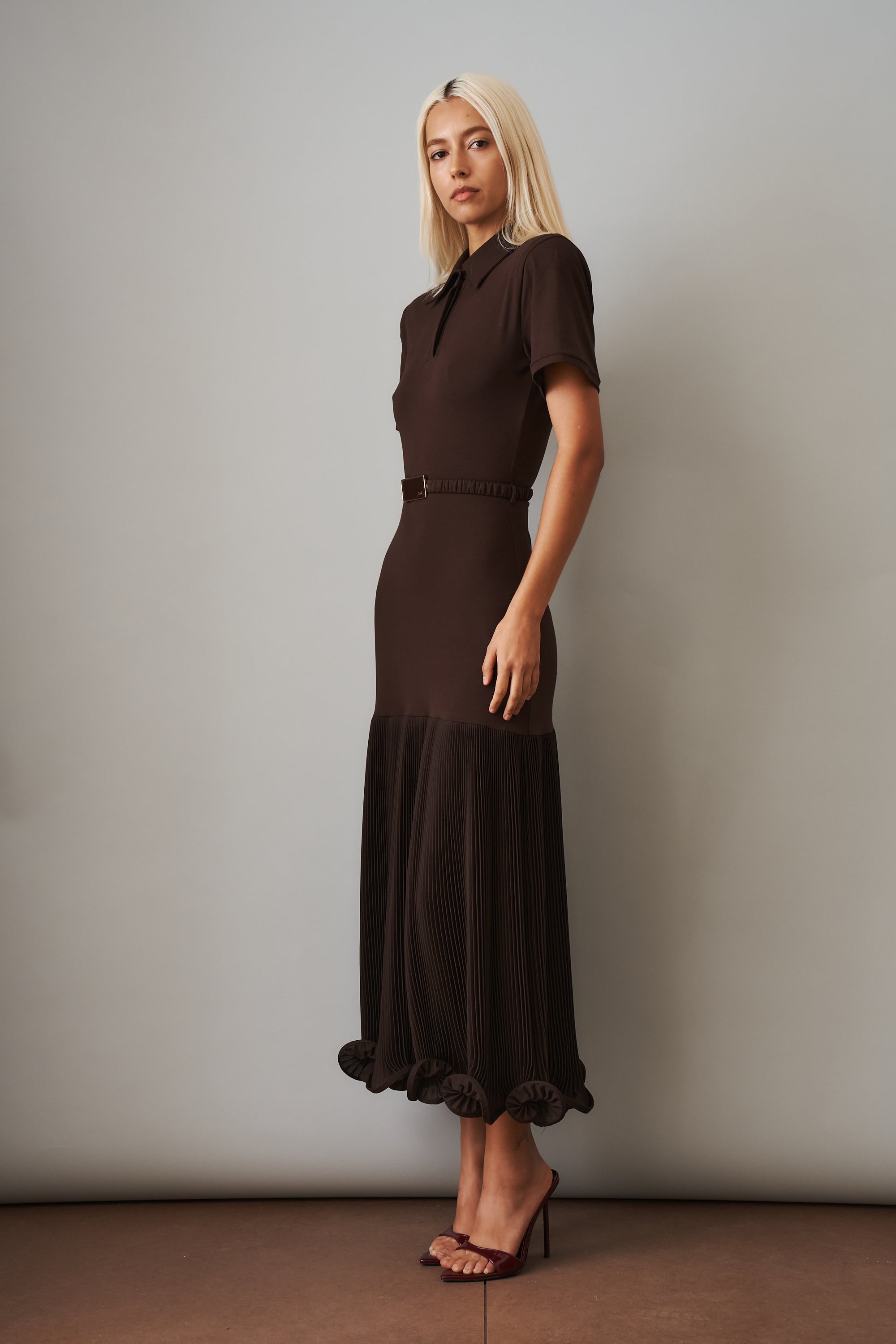 Polo Dress with Pleated Skirt in Brown