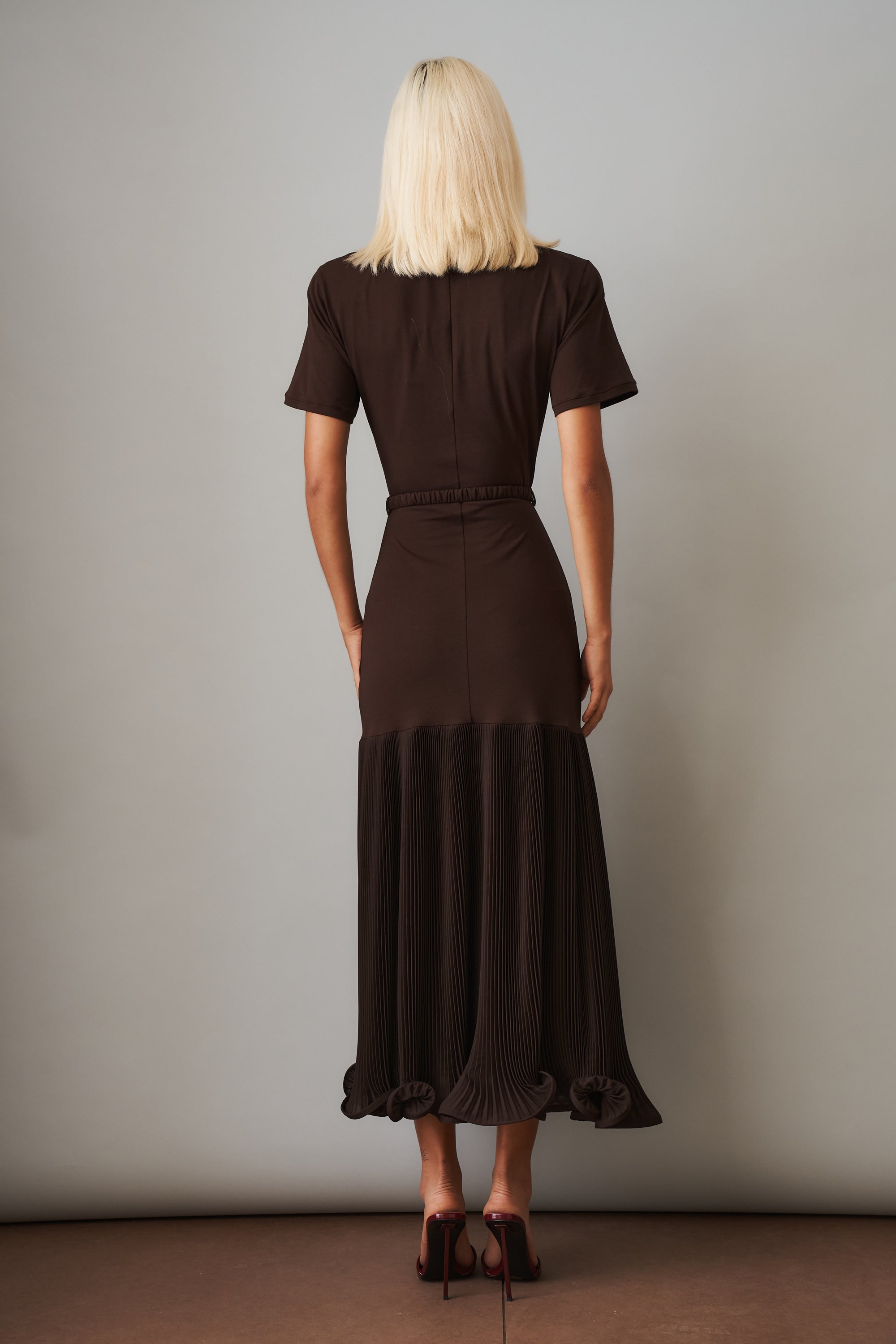 Polo Dress with Pleated Skirt in Brown