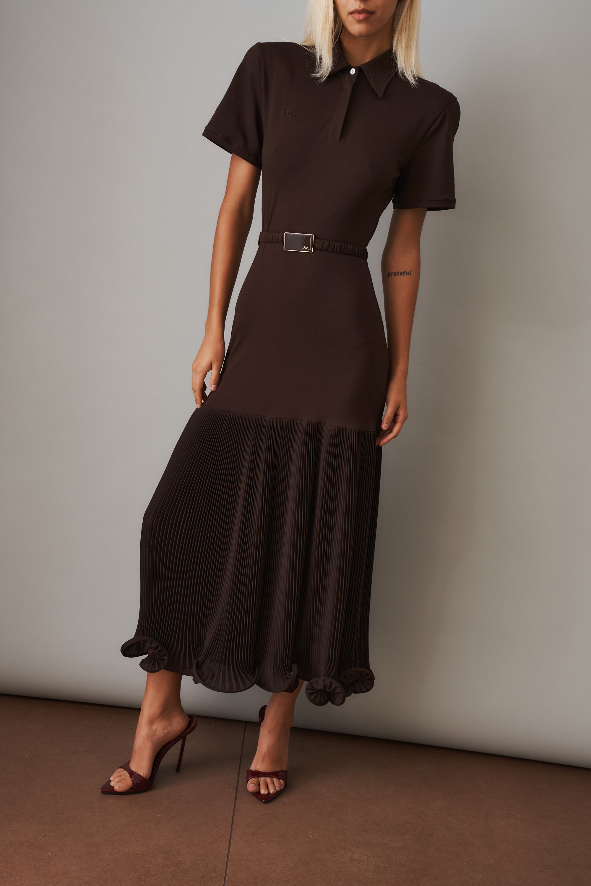 Polo Dress with Pleated Skirt in Brown