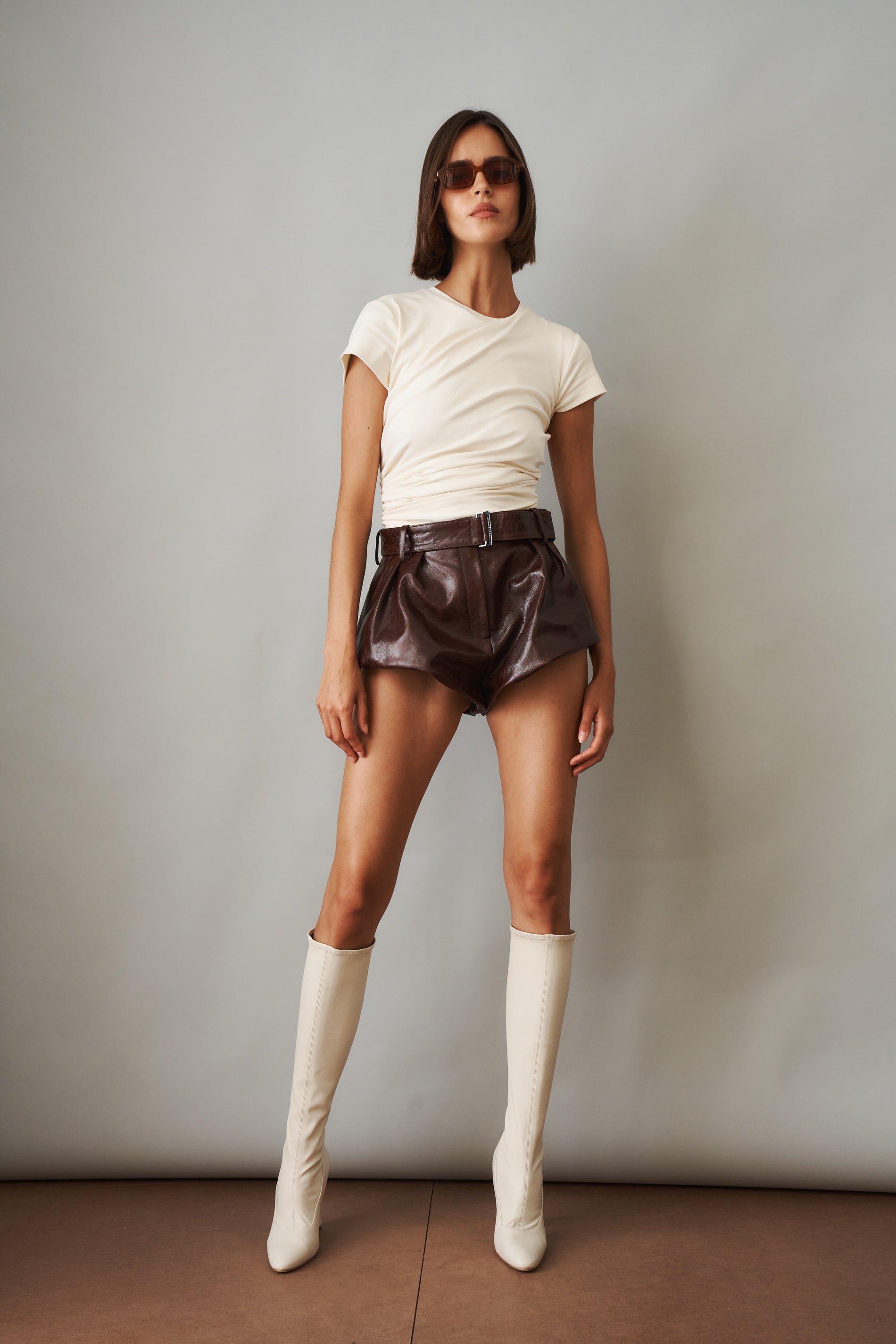 Belted Flared Leather Shorts in Vintage Brown