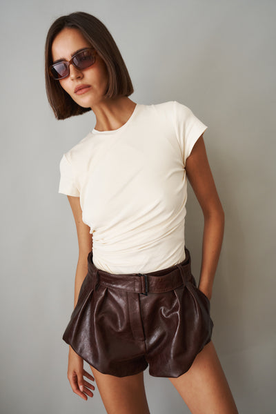 Belted Flared Leather Shorts in Vintage Brown