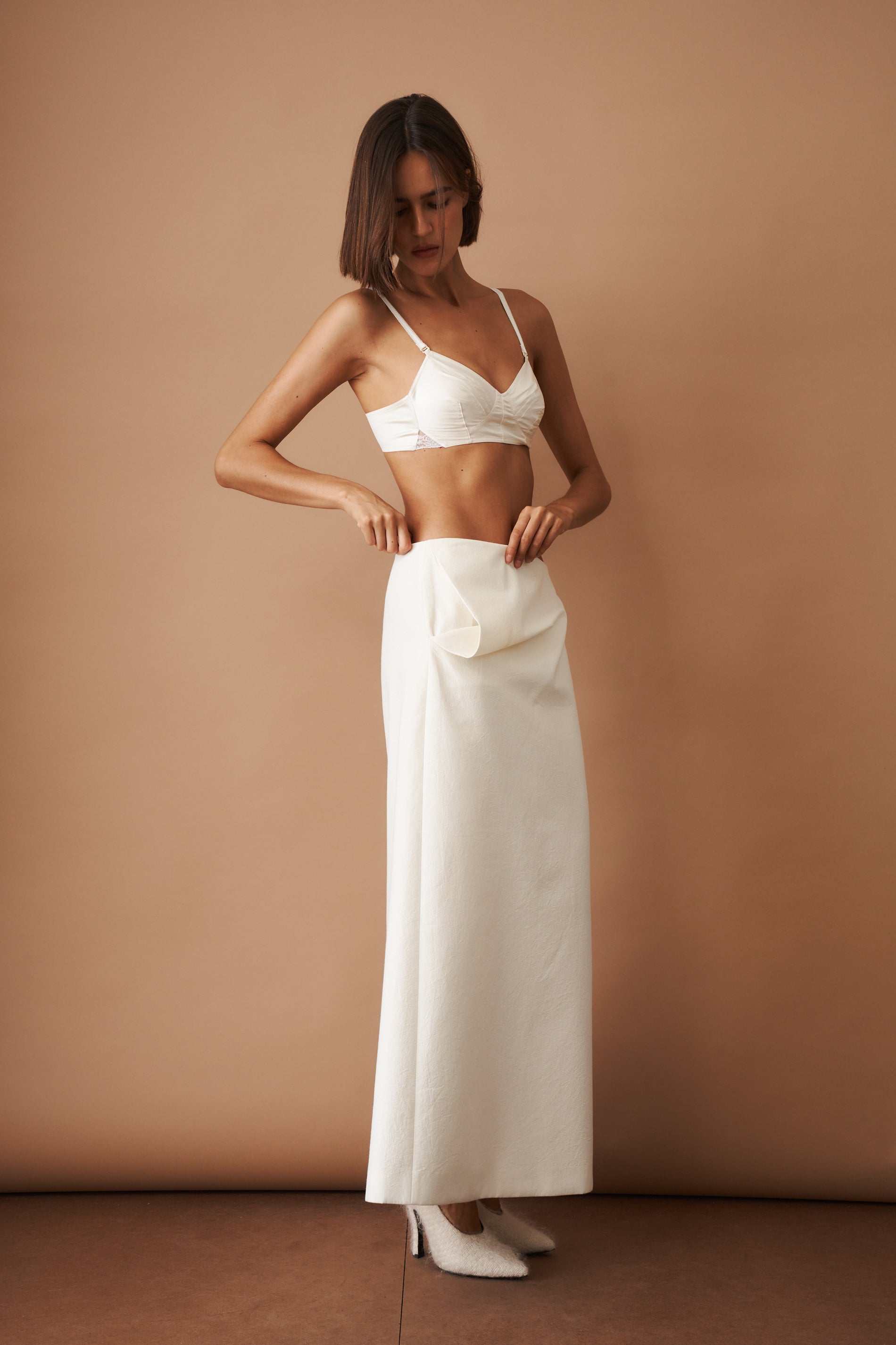 Lace Insert Satin Bra in Cream