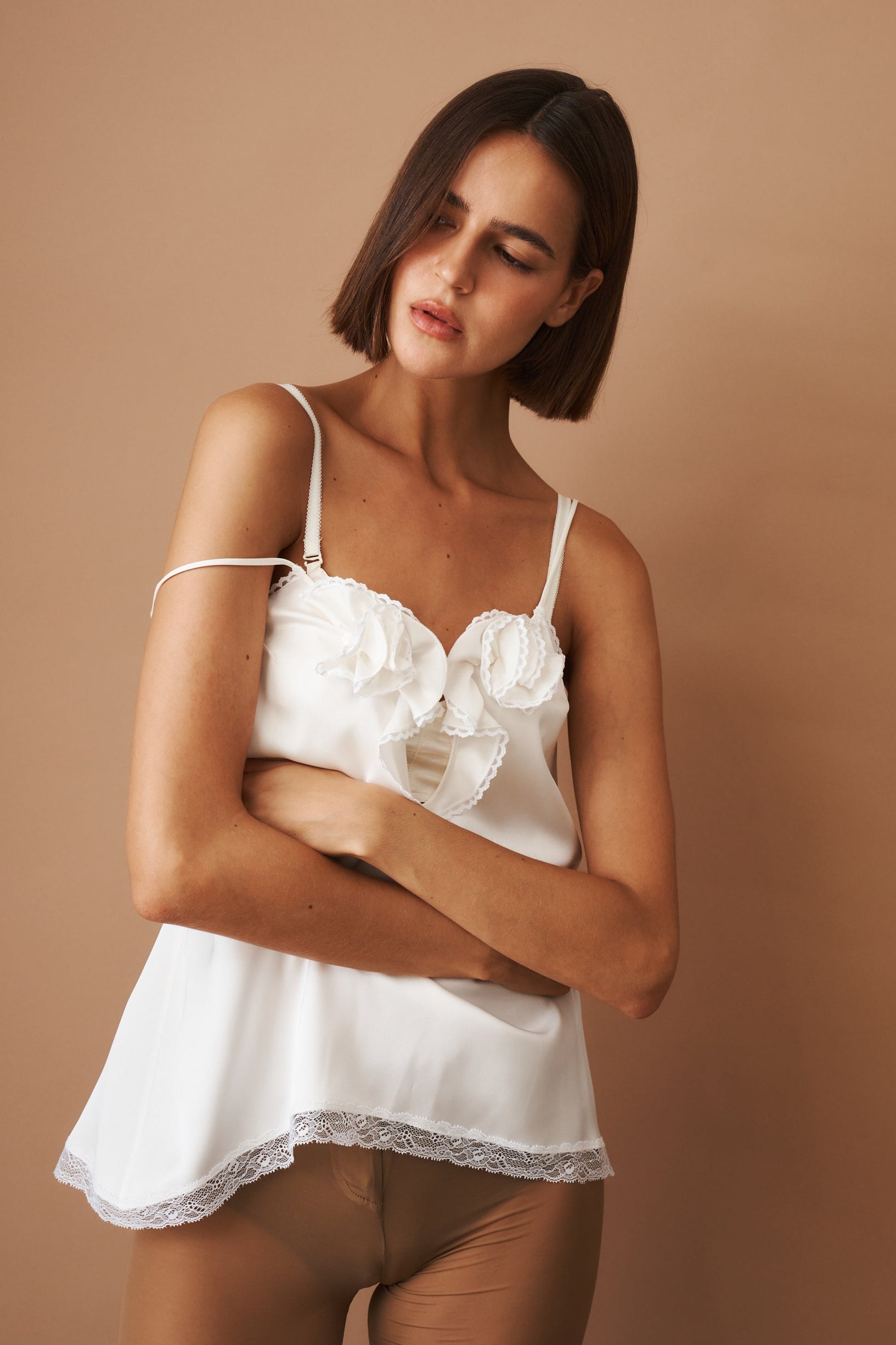 Lace Trimmed Silk Camisole White