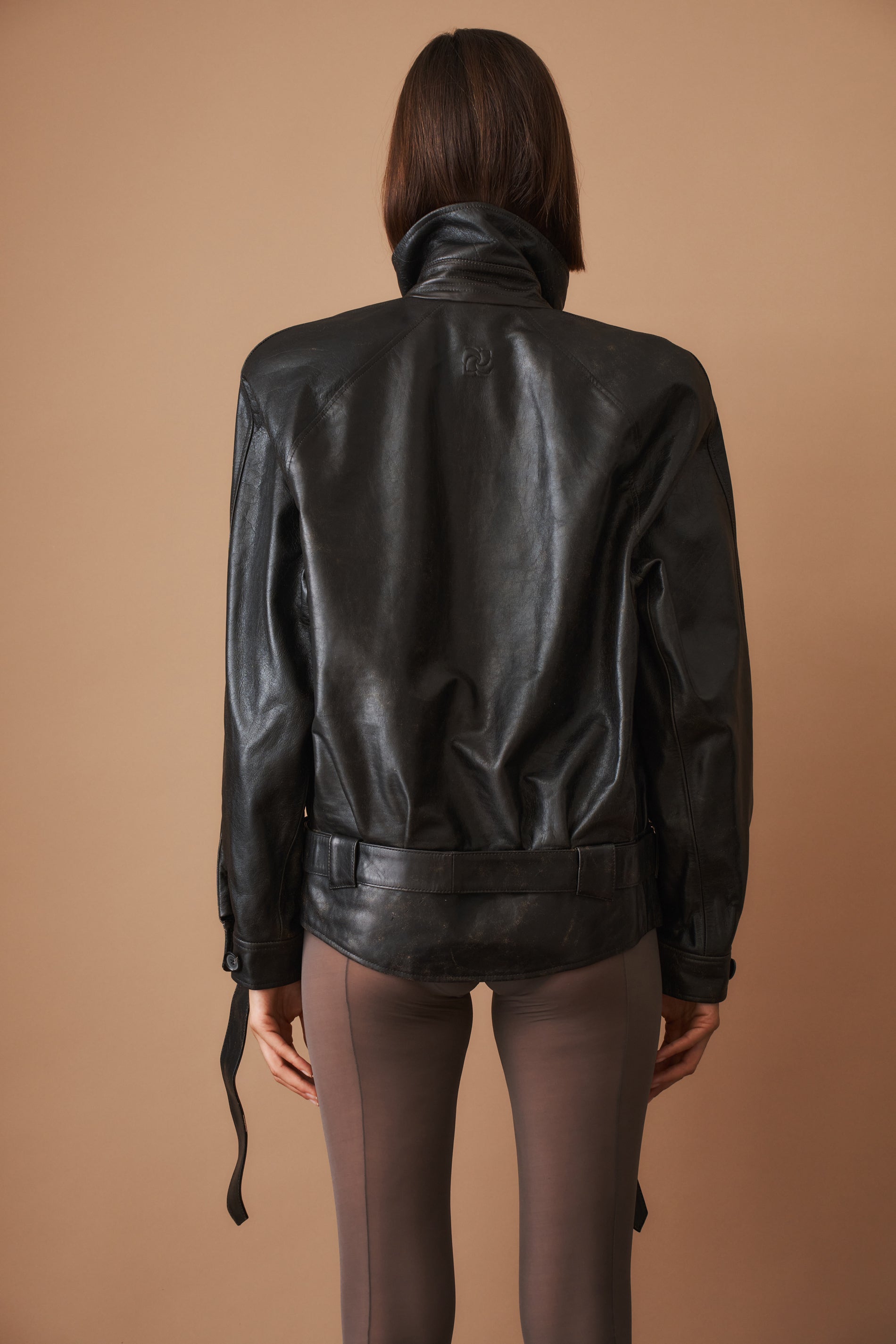 Belted Leather Jacket in Vintage Black