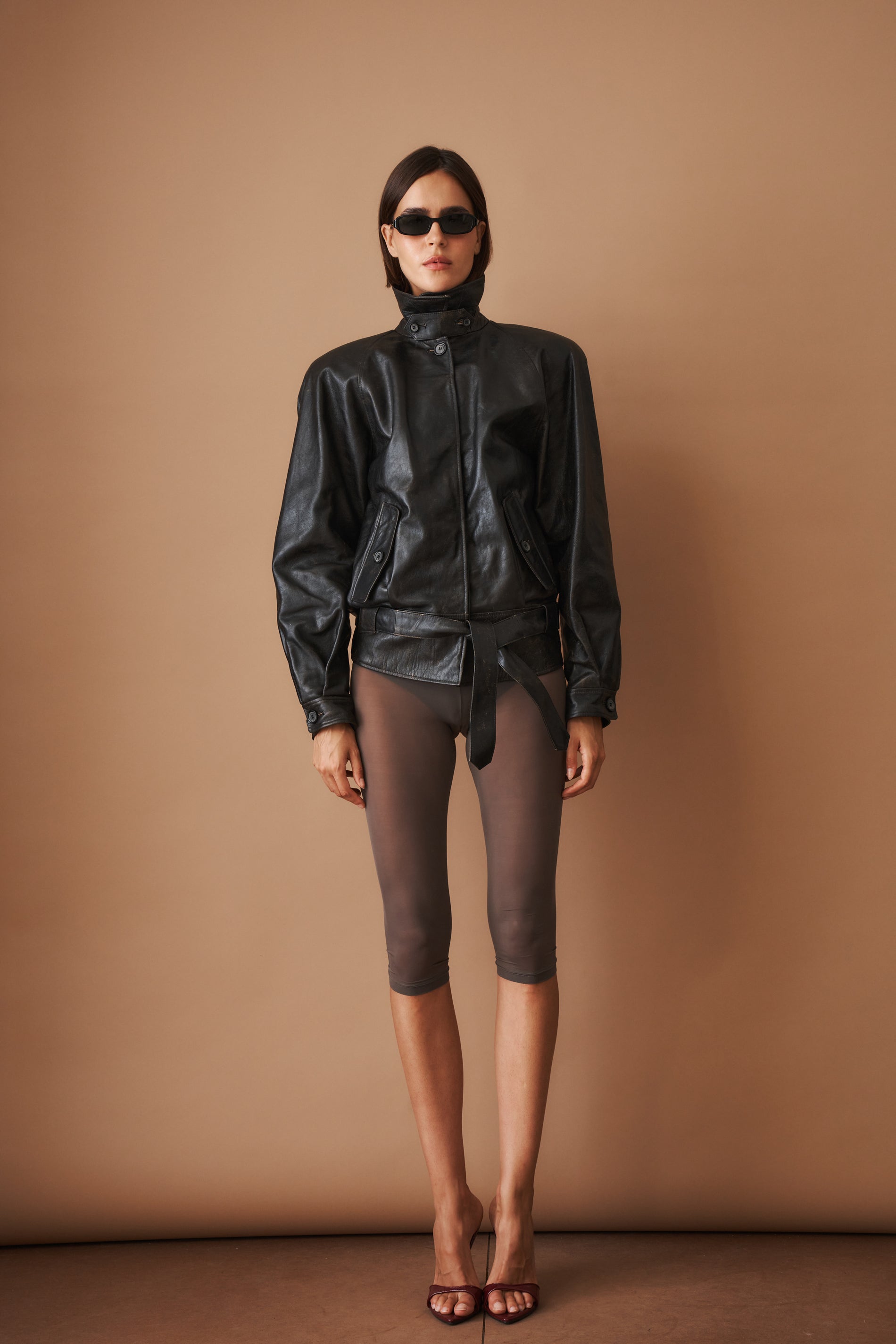 Belted Leather Jacket in Vintage Black