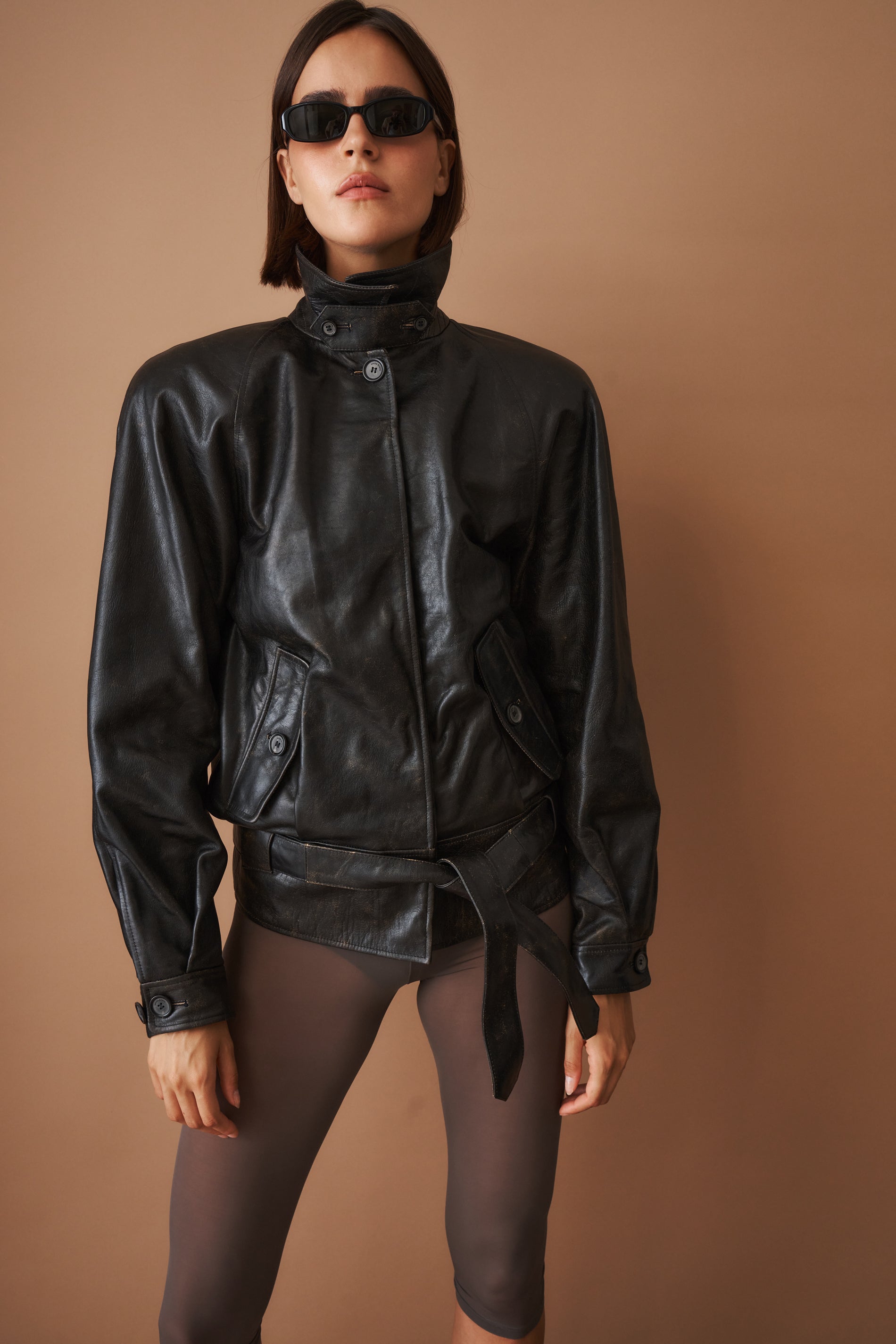 Belted Leather Jacket in Vintage Black