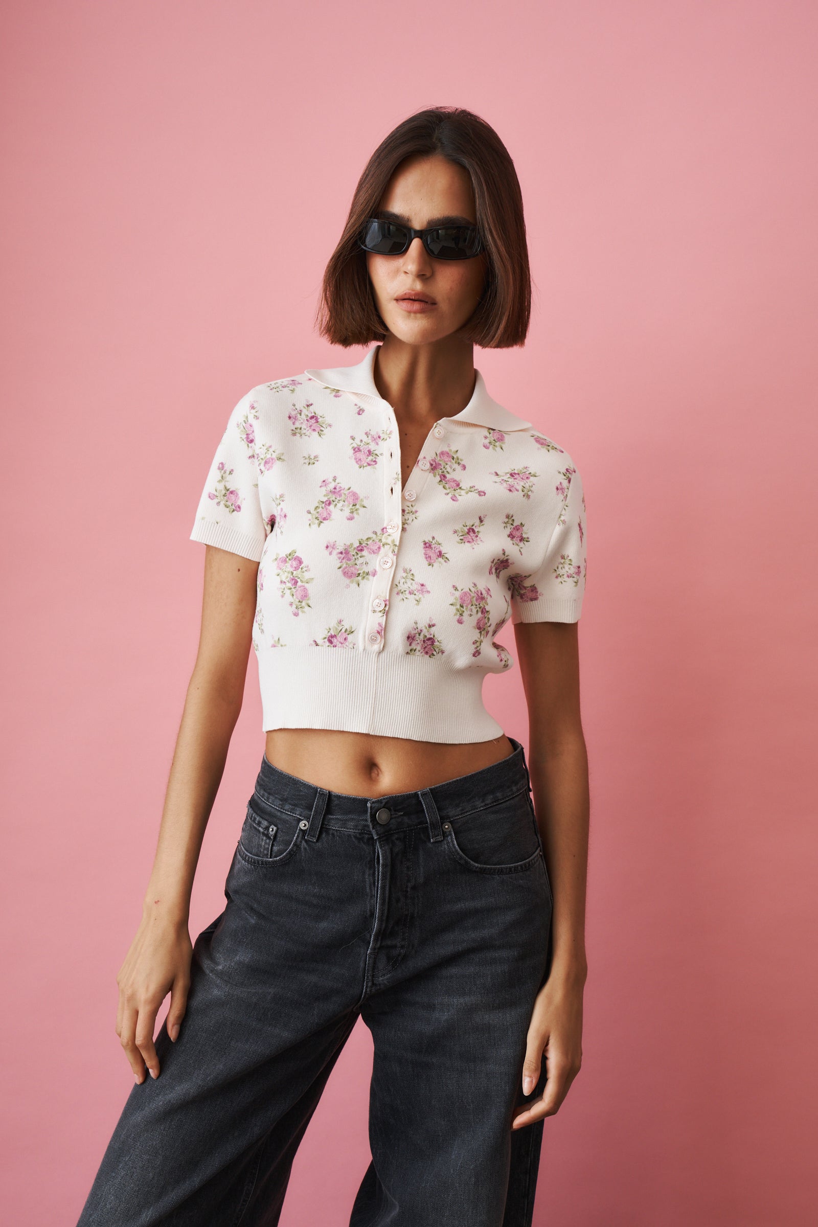 Short Sleeve Floral Polo in Cream