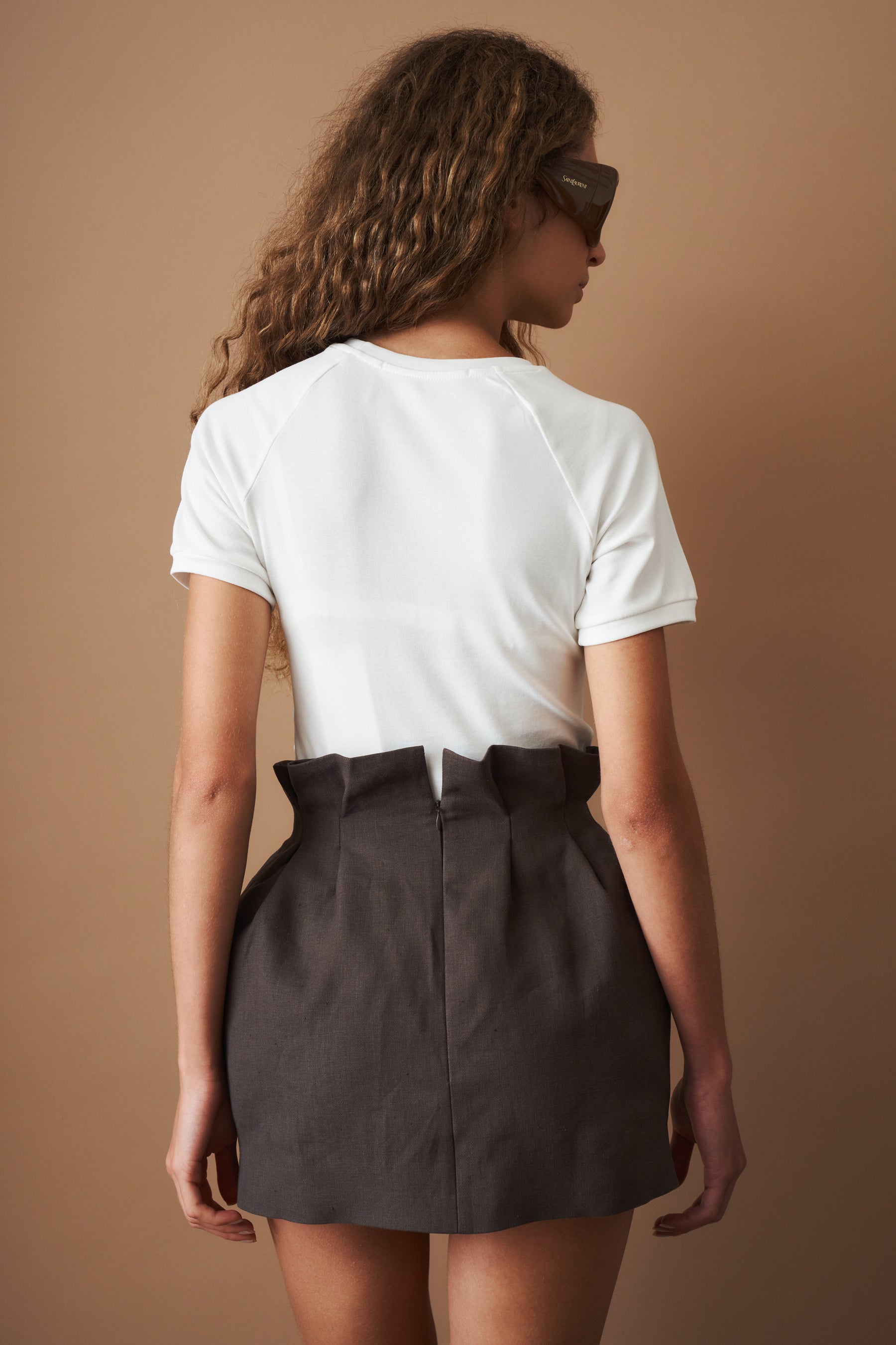 Mini Linen Skirt With Ruffled Waist Brown - DÉSORDRE