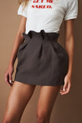 Mini Linen Skirt With Ruffled Waist Brown - DÉSORDRE