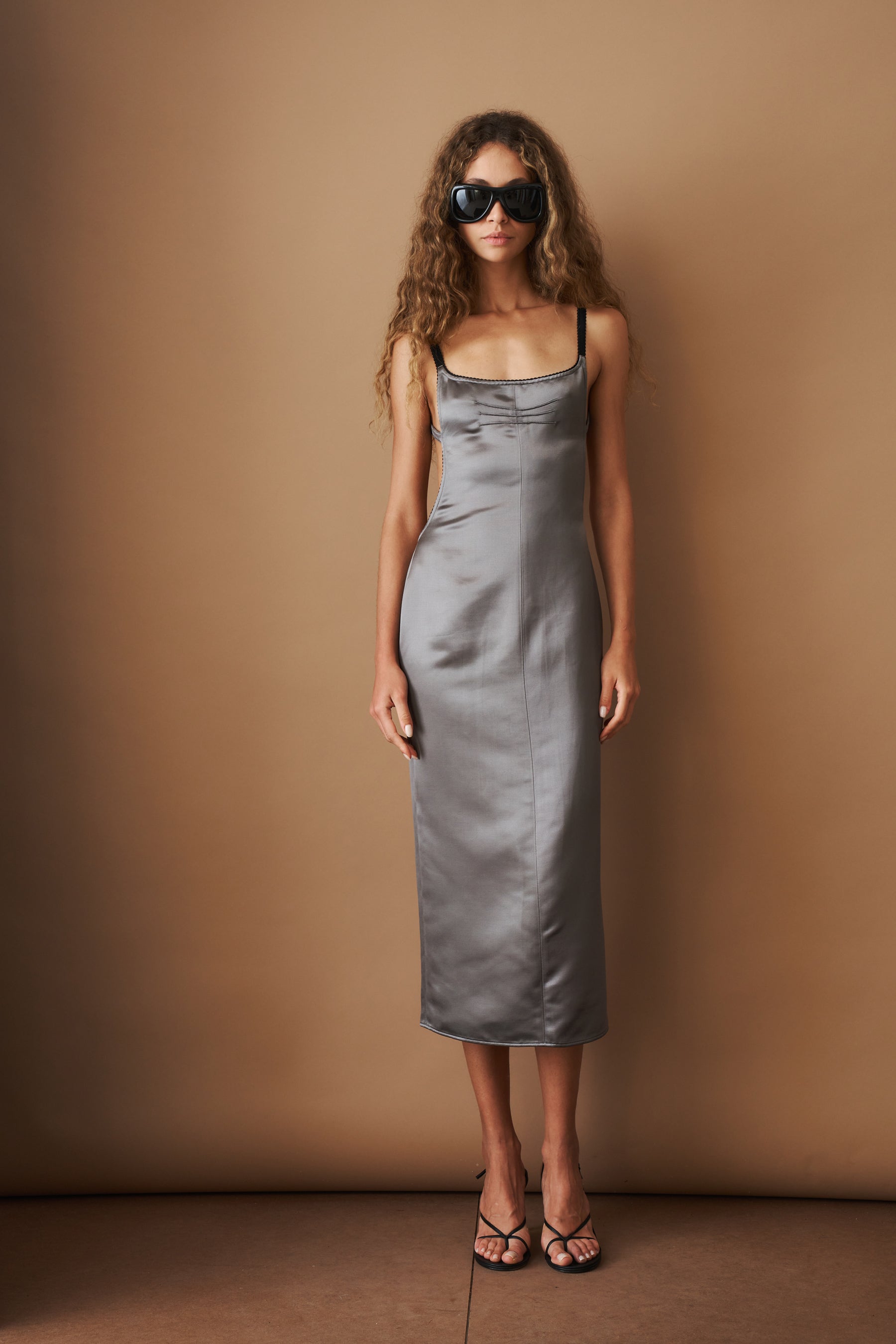Grey Satin Midi Dress - DÉSORDRE