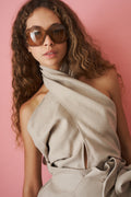 Draped Halterneck Linen Blouse Beige - DÉSORDRE