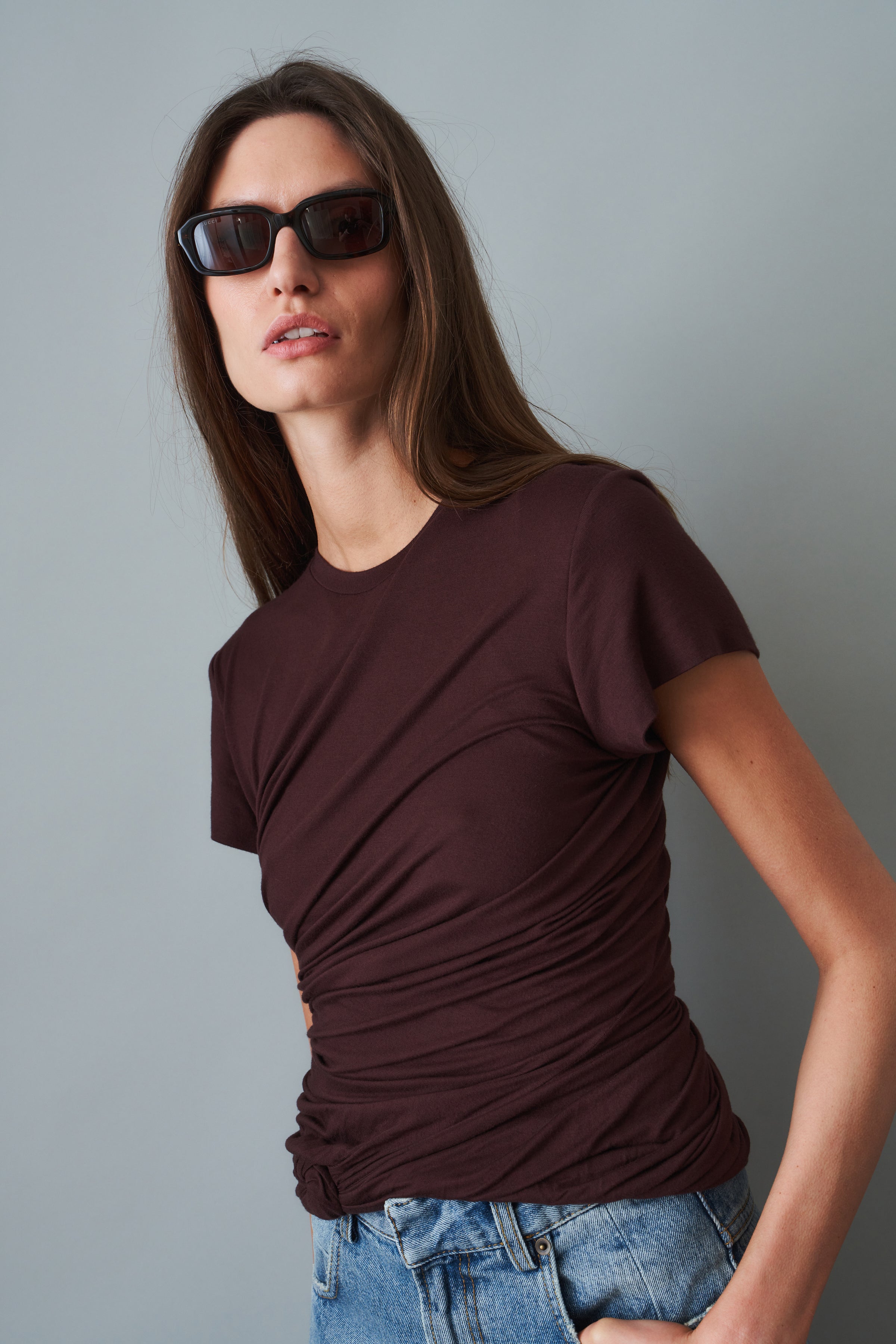 Side Knot Draped T-Shirt Brown - DÉSORDRE