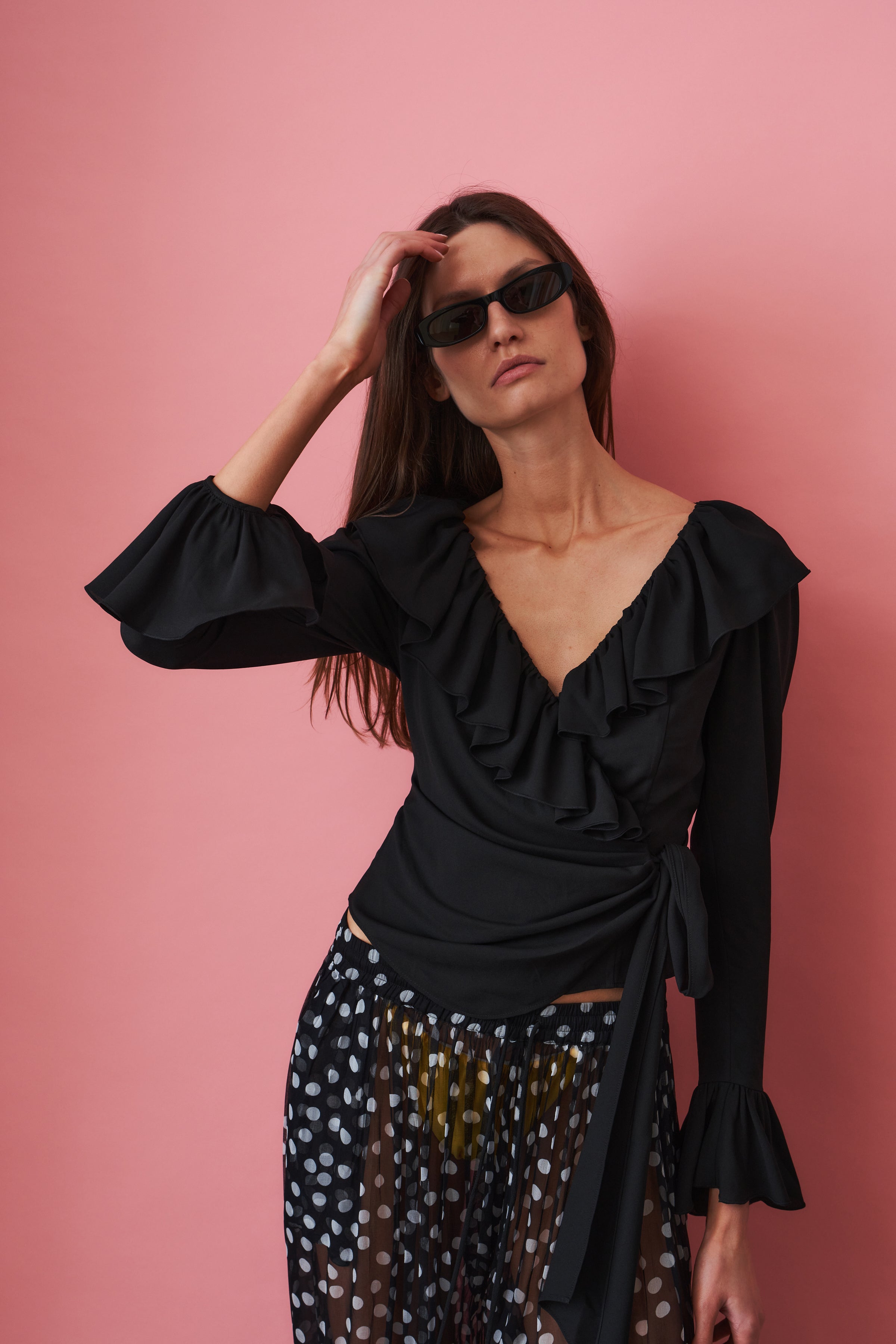 Charlotte Ruffle Black Wrap Top - DÉSORDRE