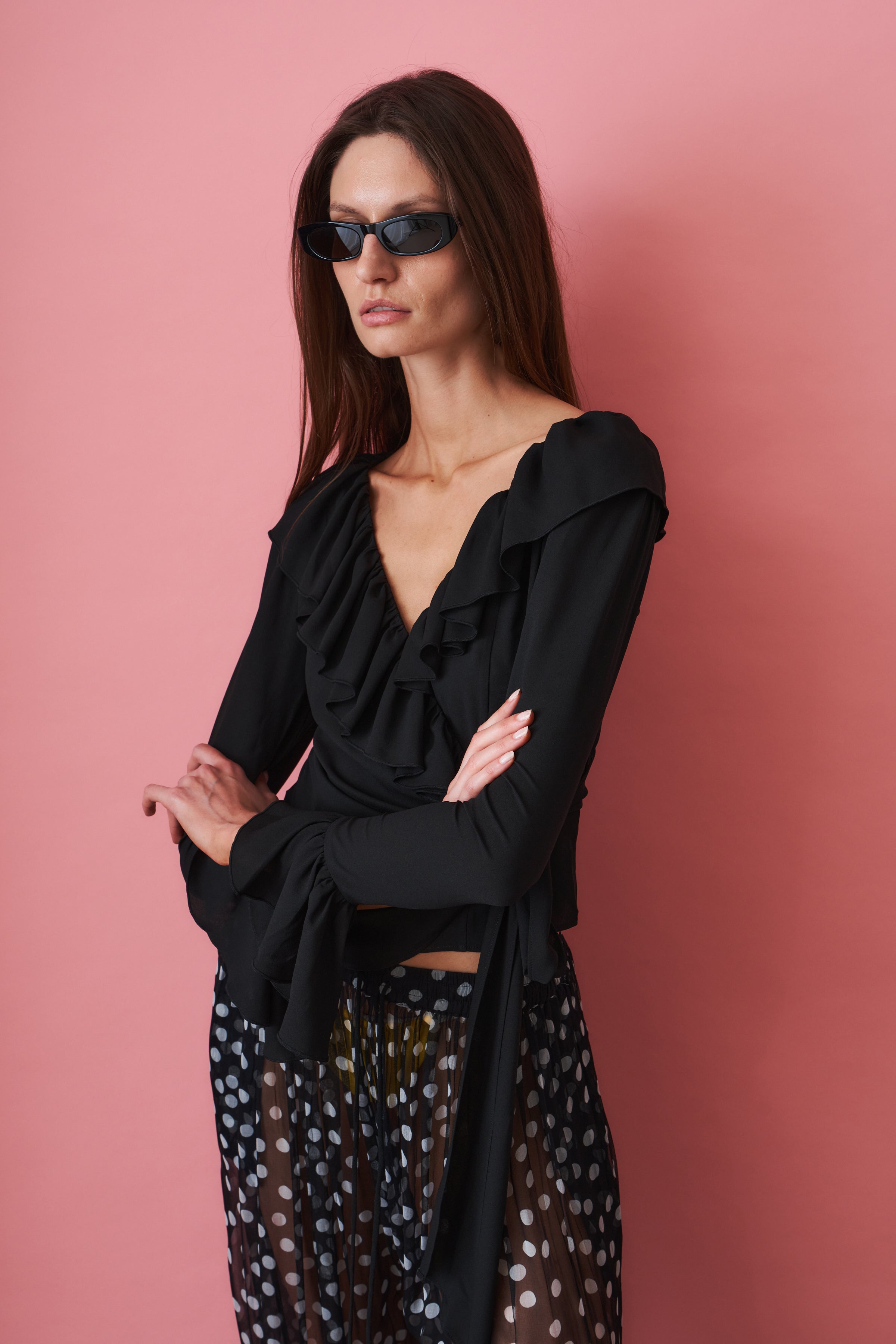 Charlotte Ruffle Black Wrap Top - DÉSORDRE