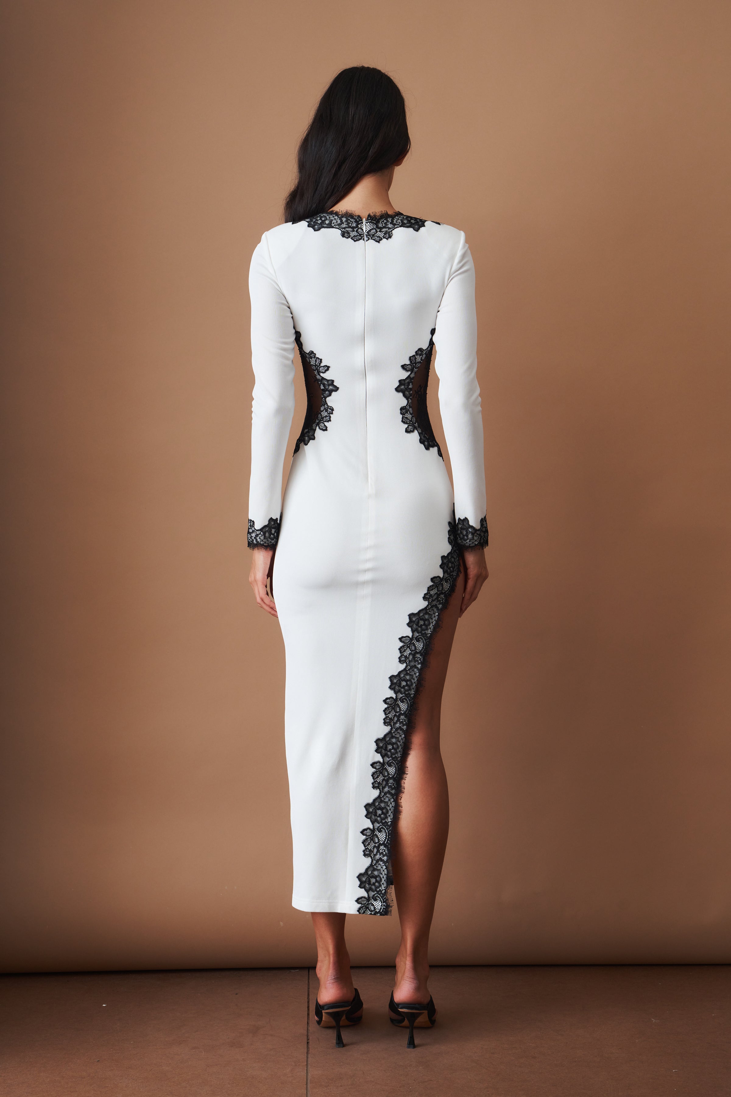 Adriana Lace Trim High Slit Ivory Dress - DÉSORDRE