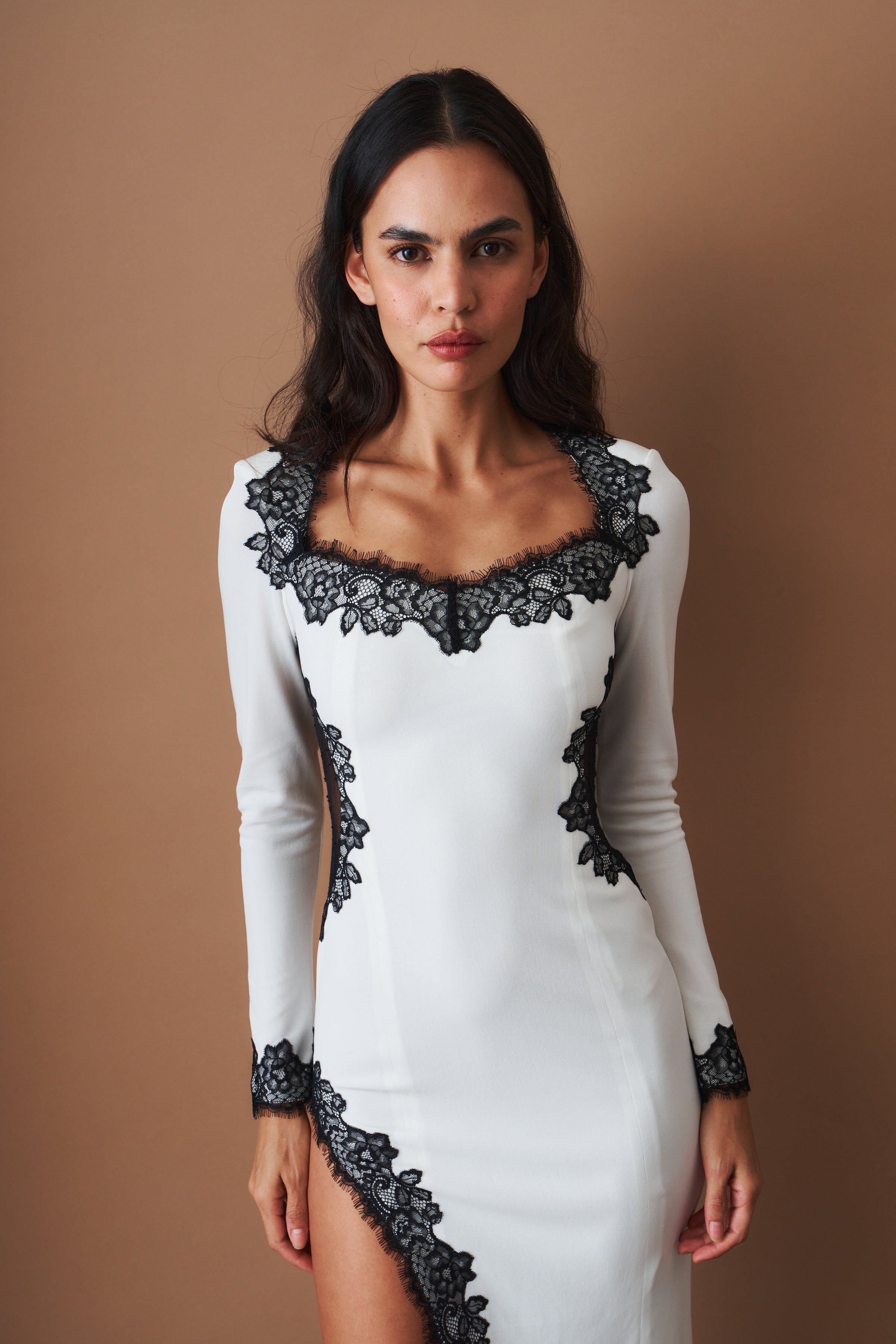 Adriana Lace Trim High Slit Ivory Dress - DÉSORDRE