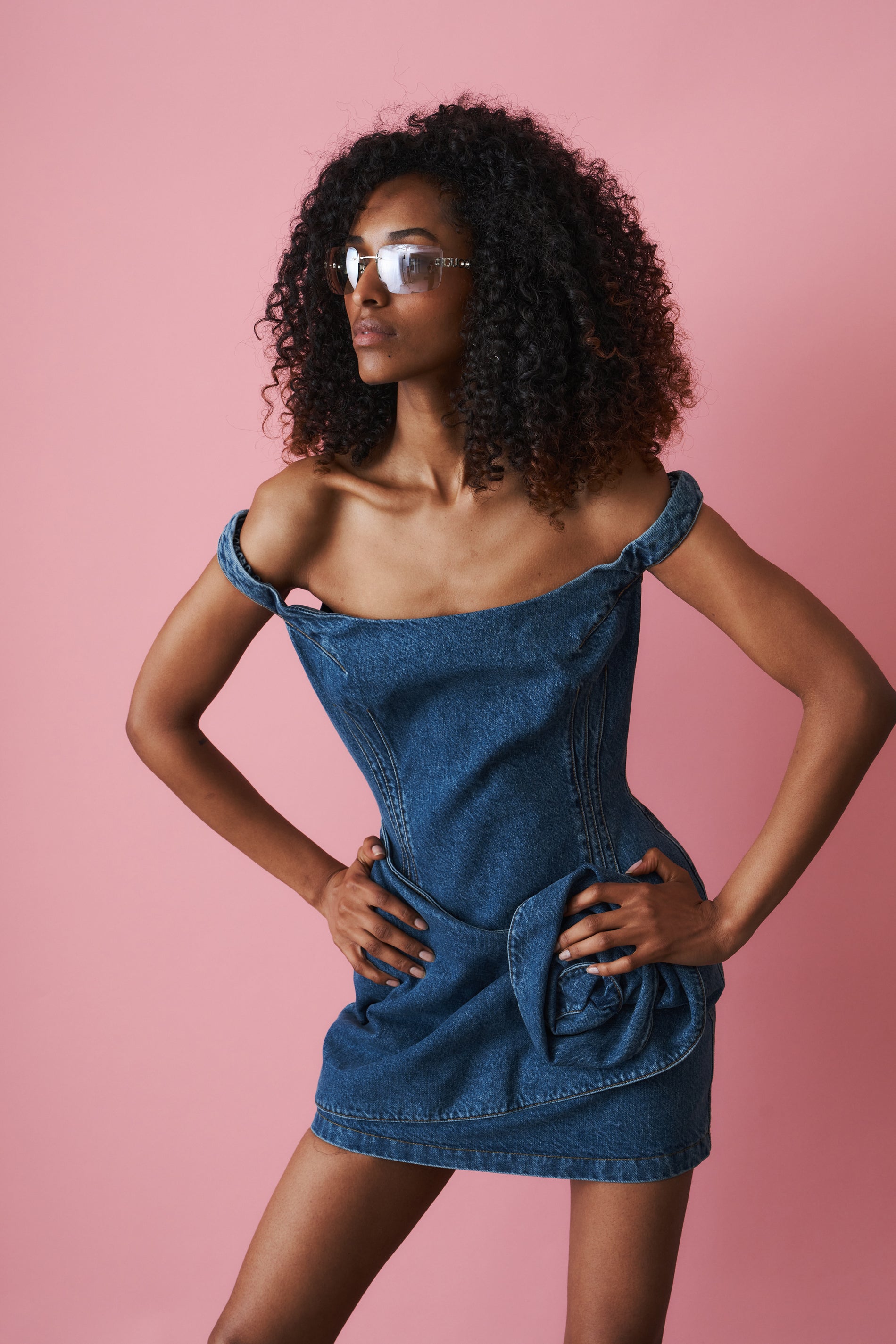 Off Shoulder Denim Mini Dress with Sculpted Flower in Blue