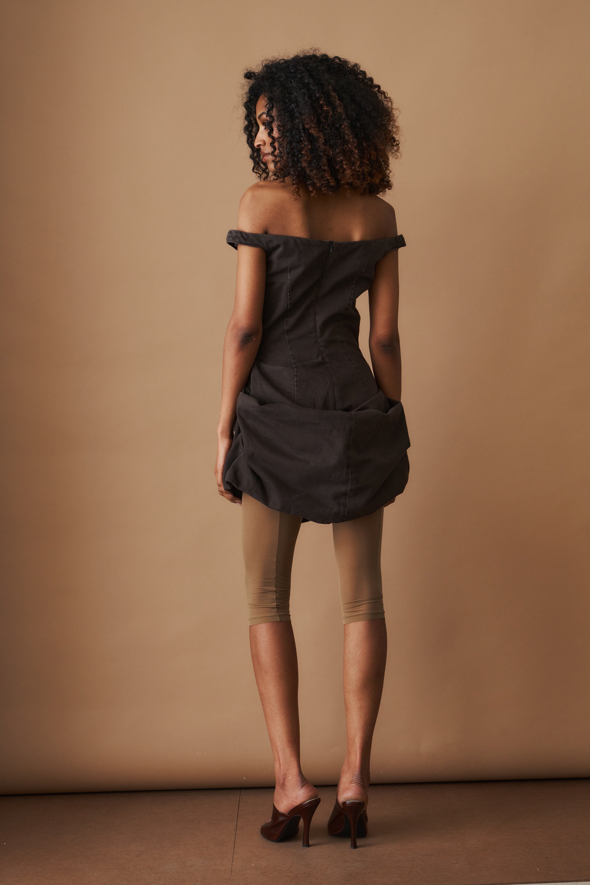 Off Shoulder Chocolate Denim Dress