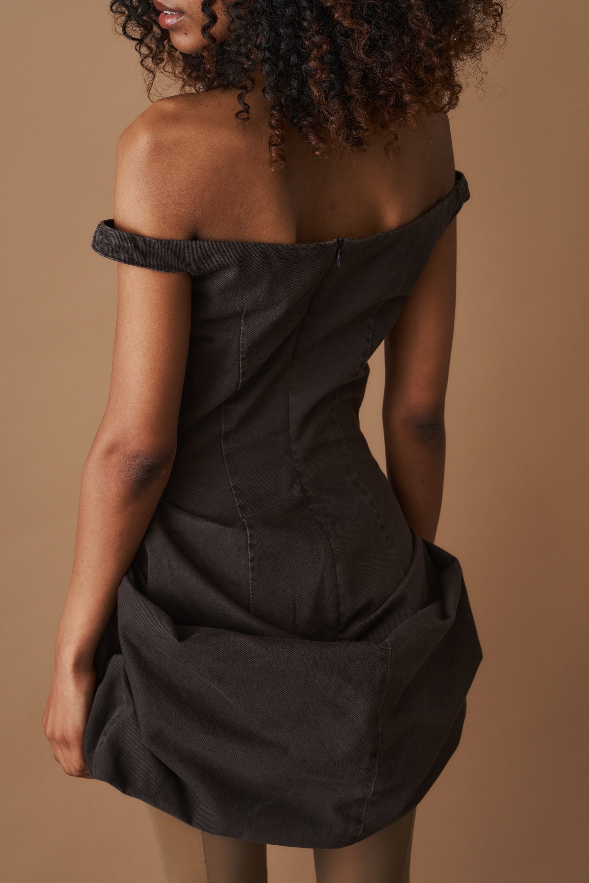 Off Shoulder Chocolate Denim Dress