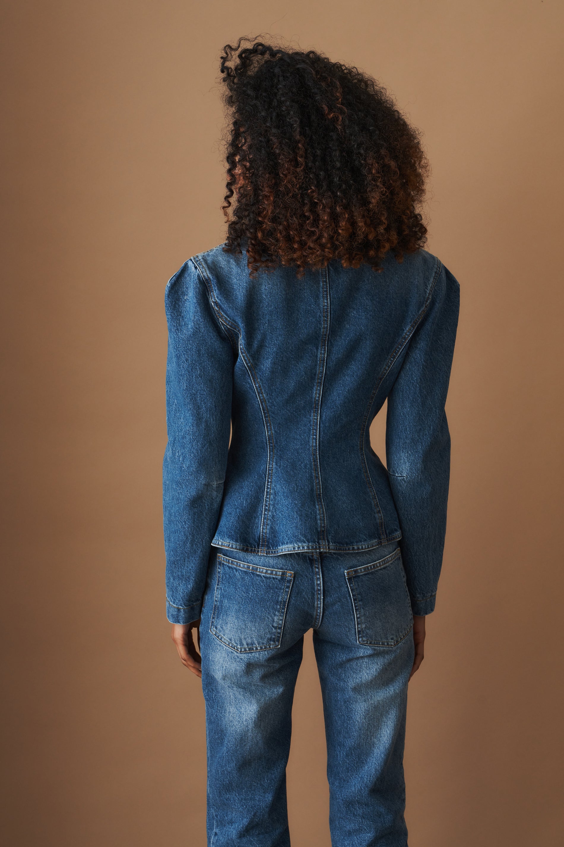 Fitted Denim Peplum Jacket in Blue