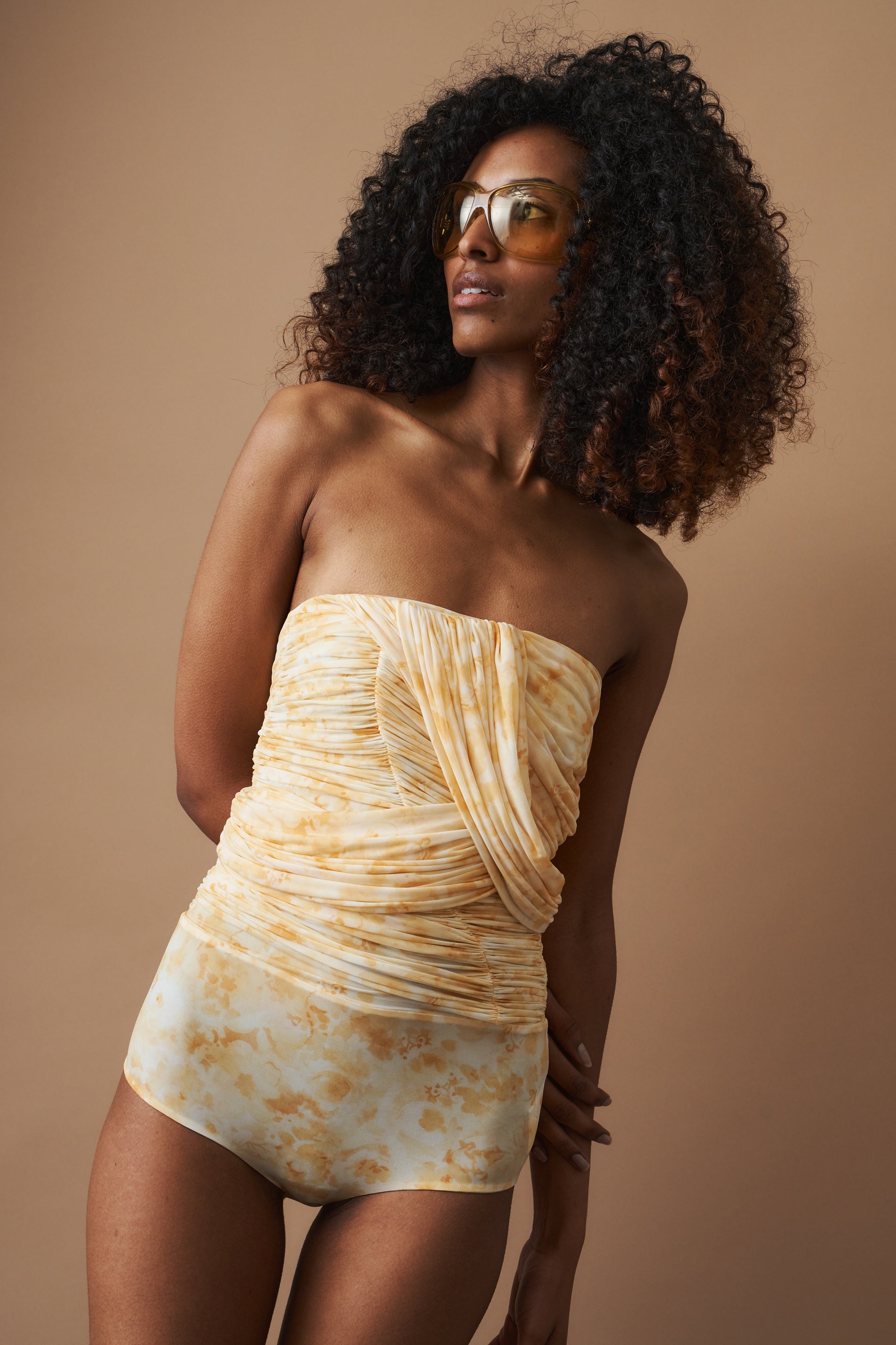 Gathered Bodysuit with Draped Overlay in Floral