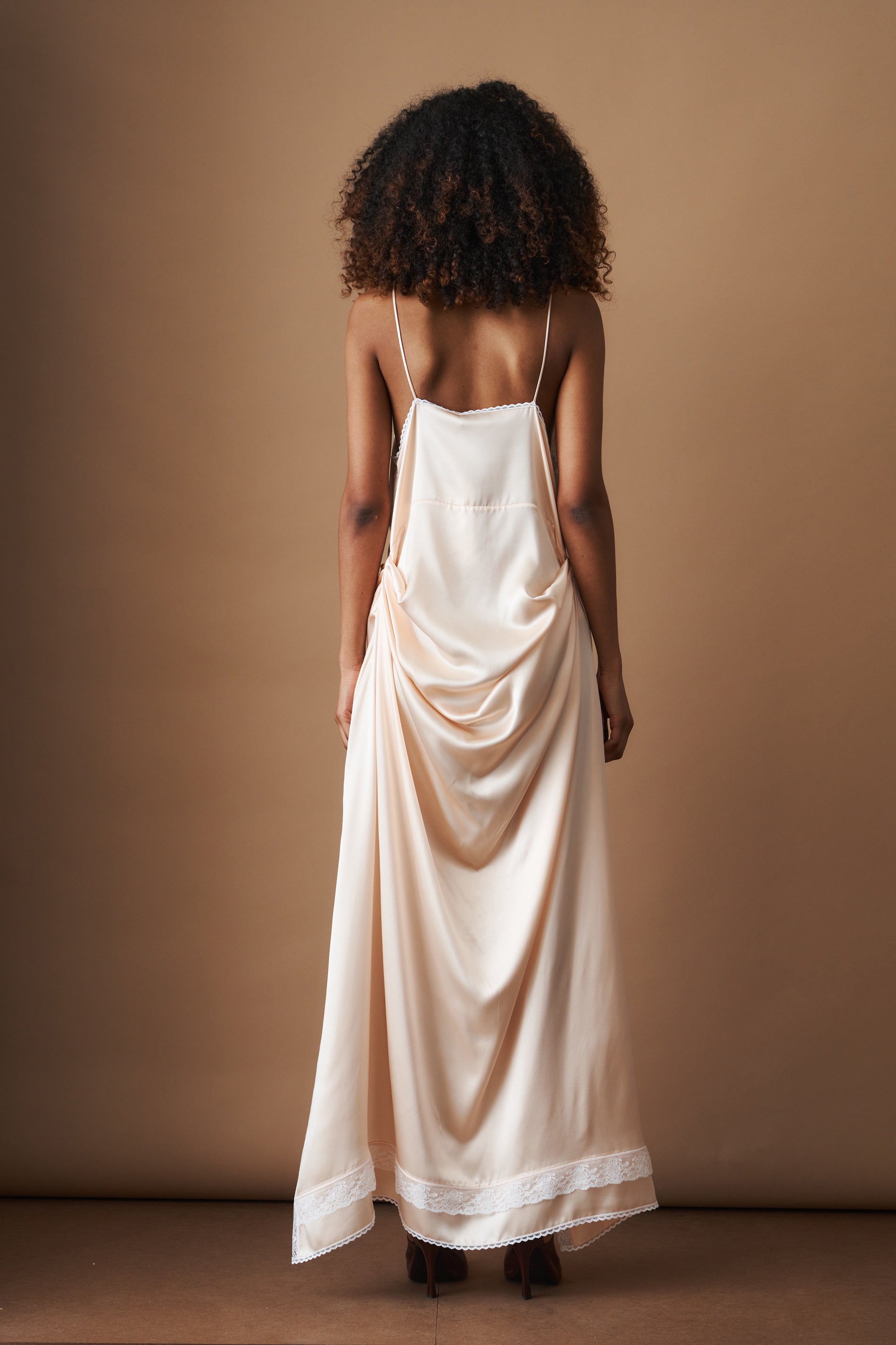 Asymmetric Lace Trim Slip Dress in Peach