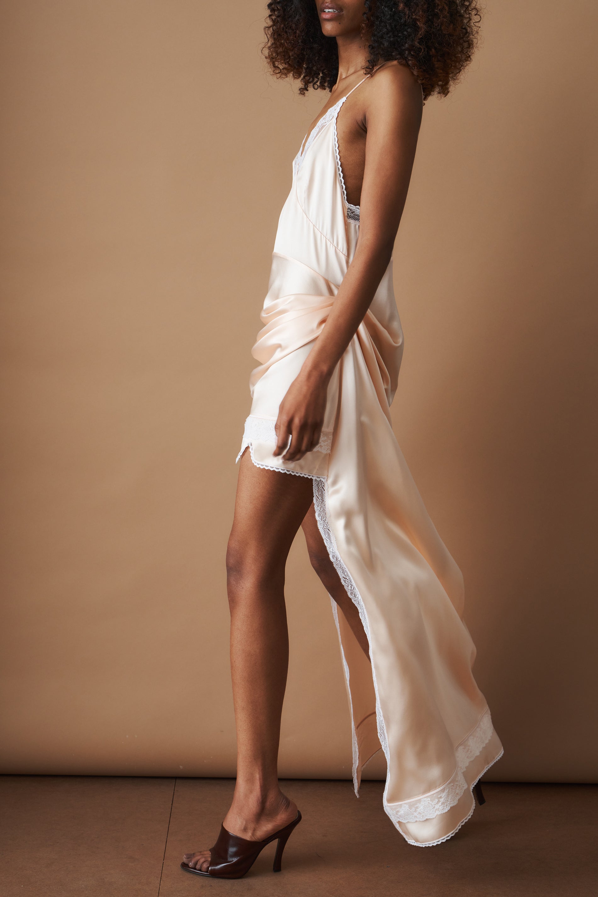 Asymmetric Lace Trim Slip Dress in Peach