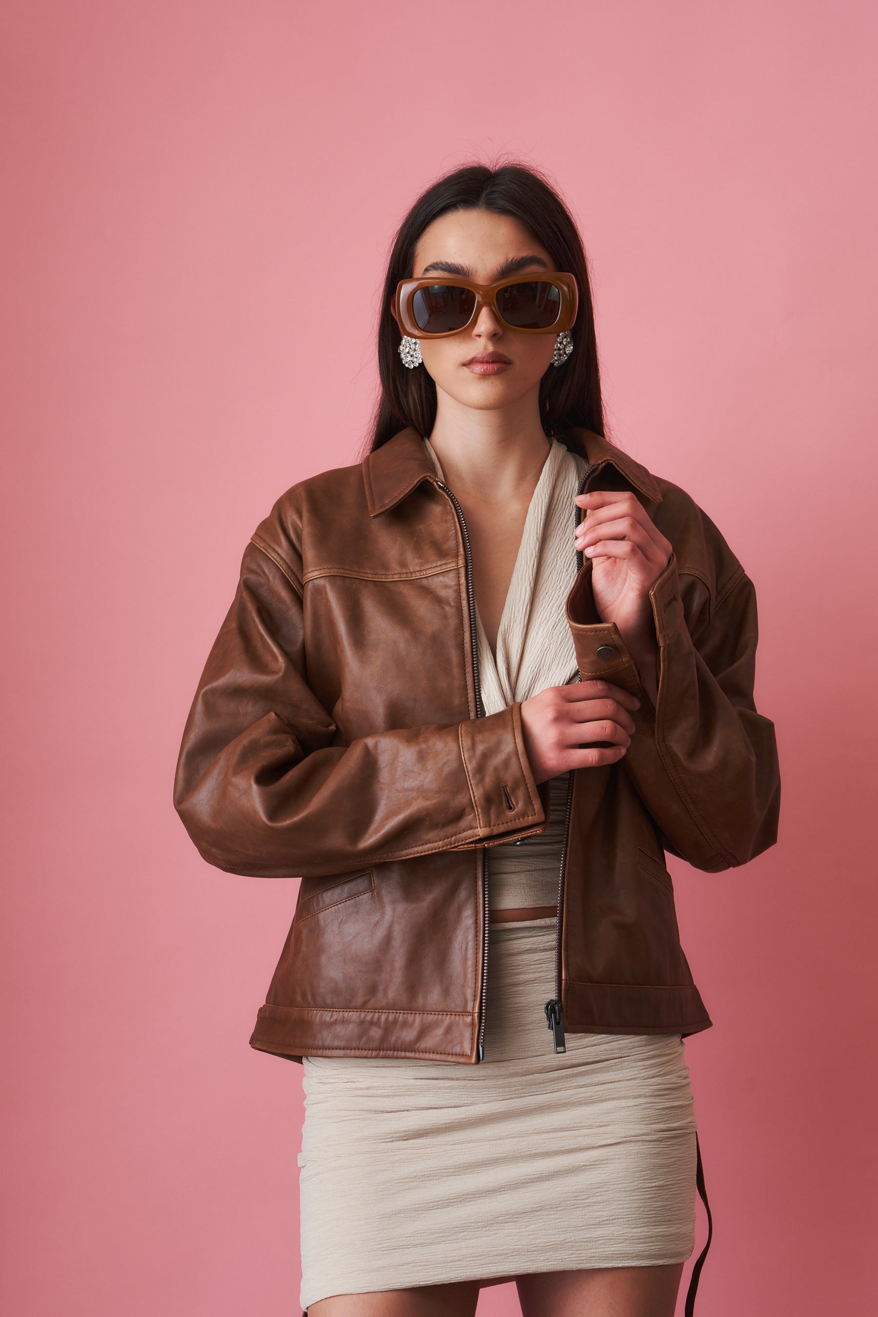 Jocelyn Cropped Silky Tan Leather Jacket