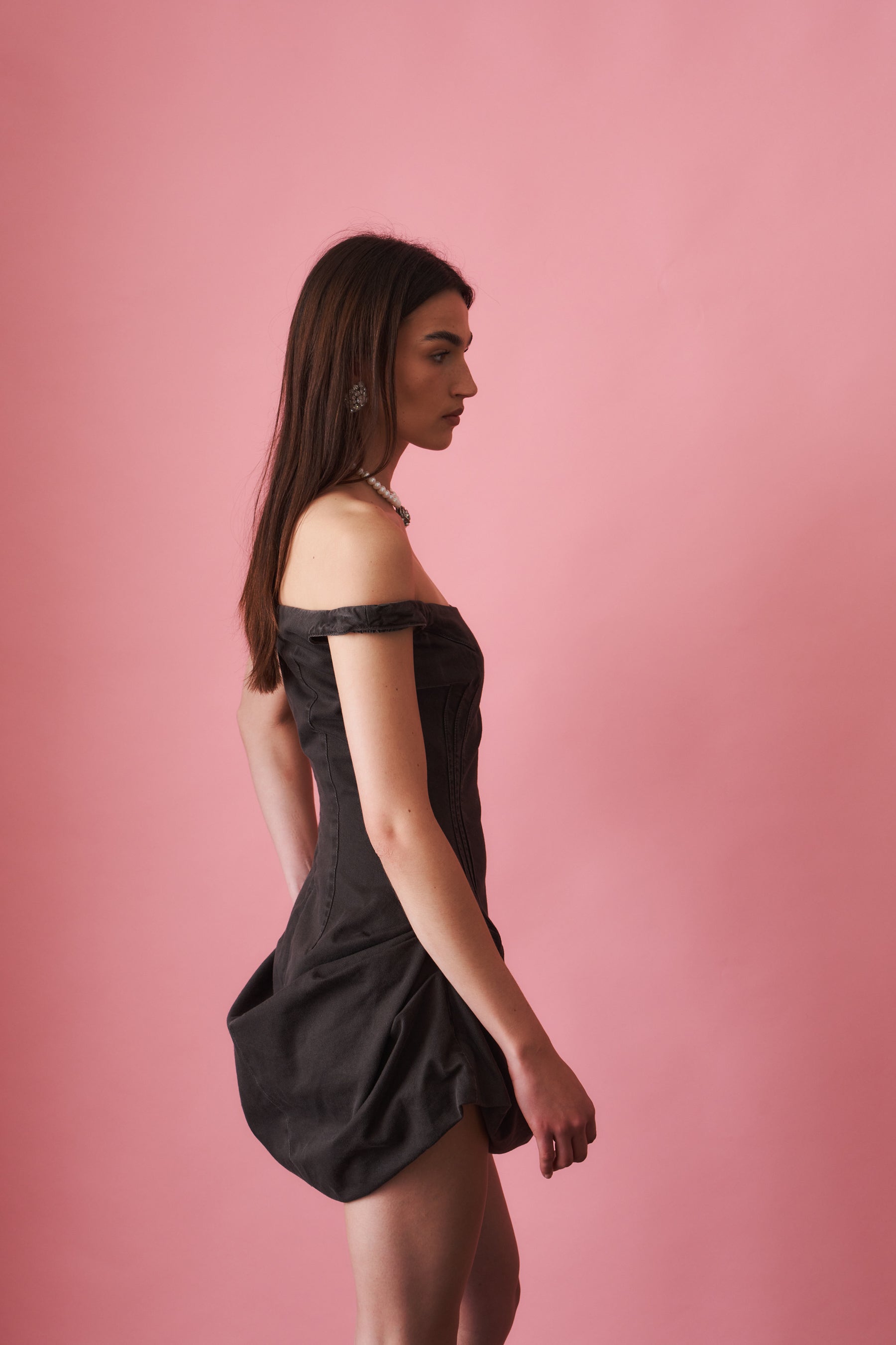Off Shoulder Chocolate Denim Dress