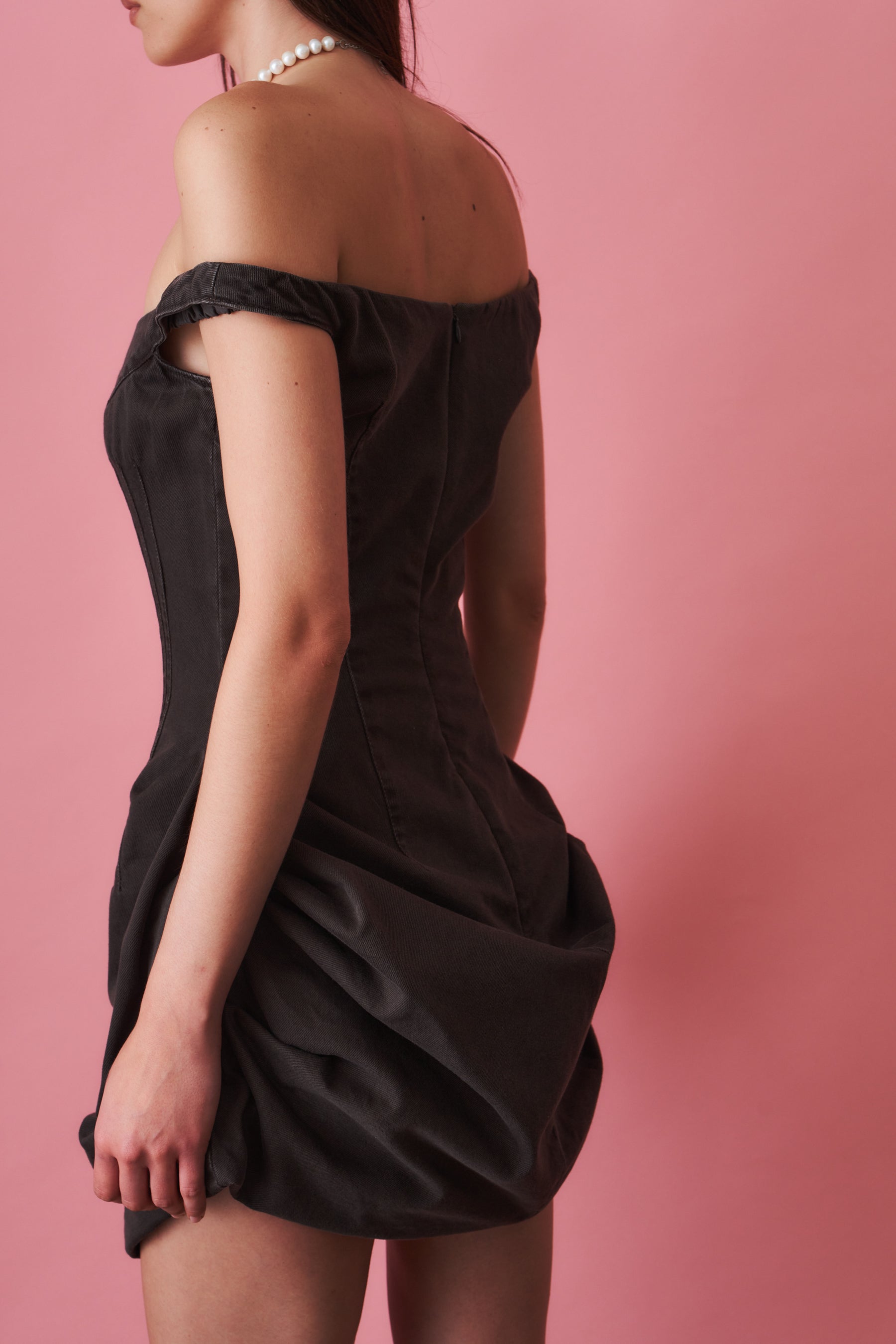 Off Shoulder Chocolate Denim Dress