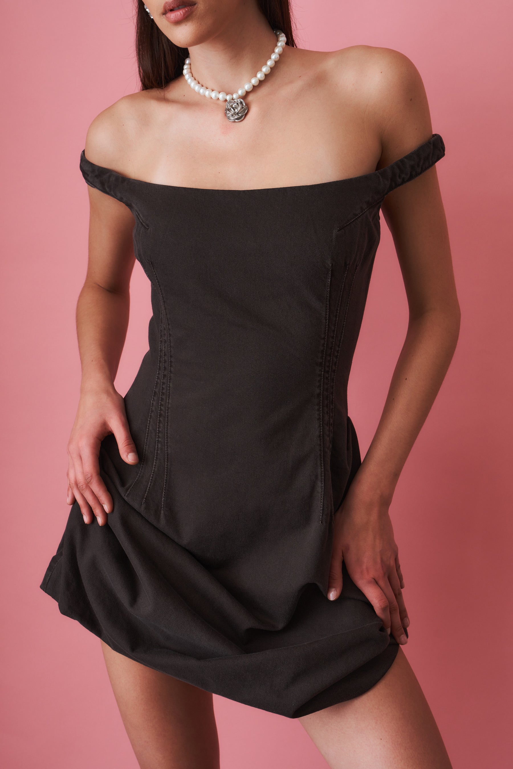 Off Shoulder Chocolate Denim Dress