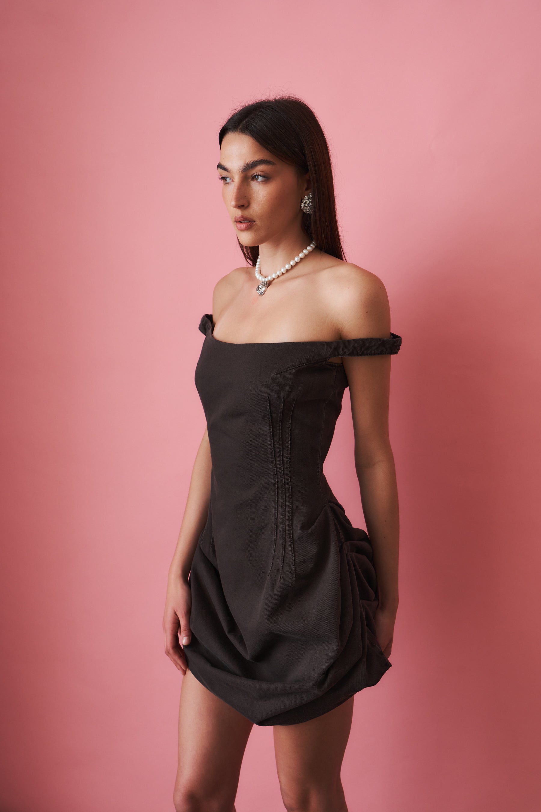 Off Shoulder Chocolate Denim Dress
