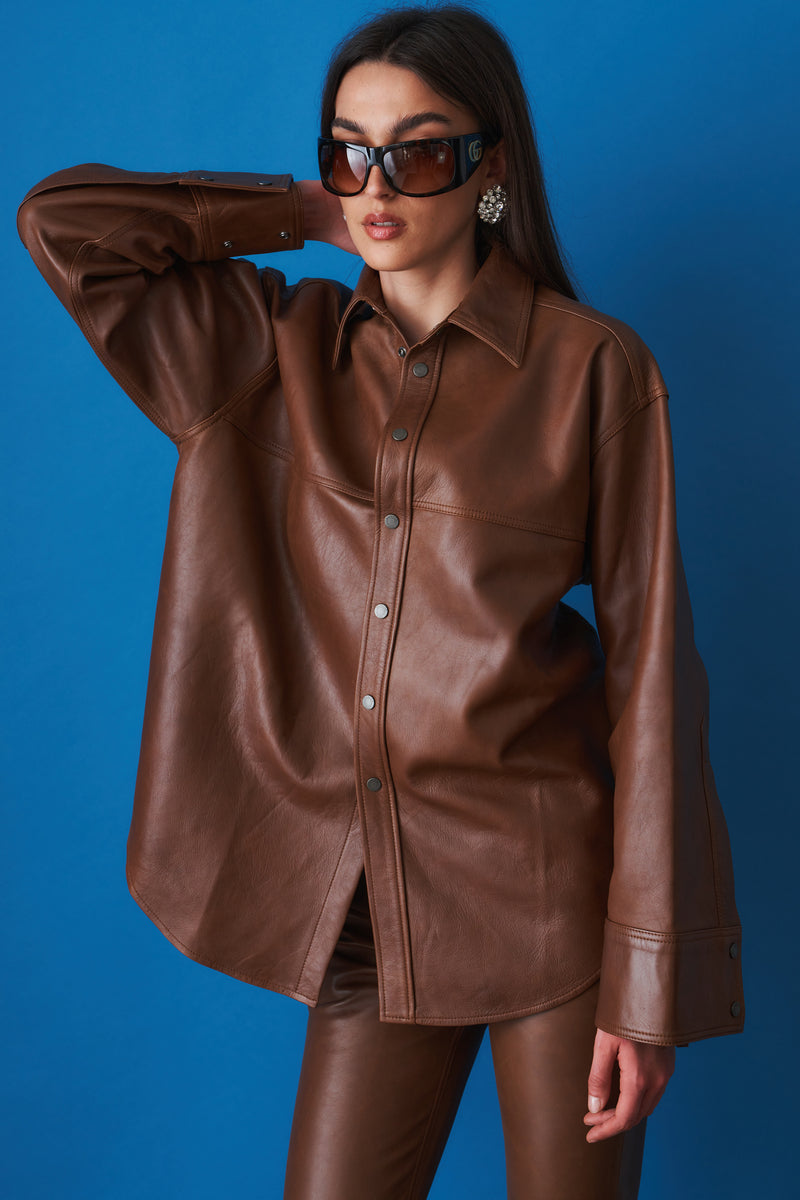 Victoria Silky Tan Leather Overshirt