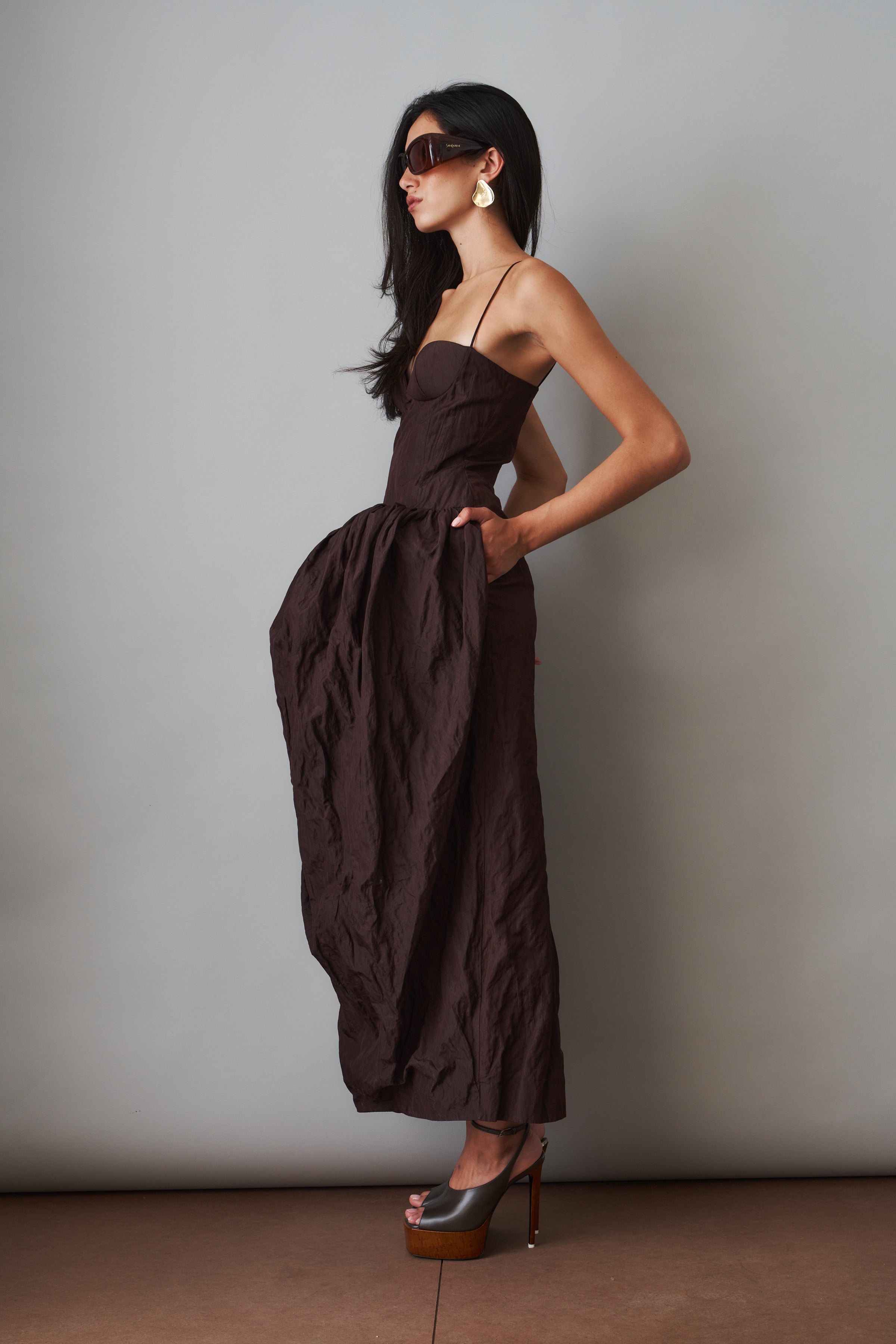 Bustier Dress with Voluminous Skirt in Brown