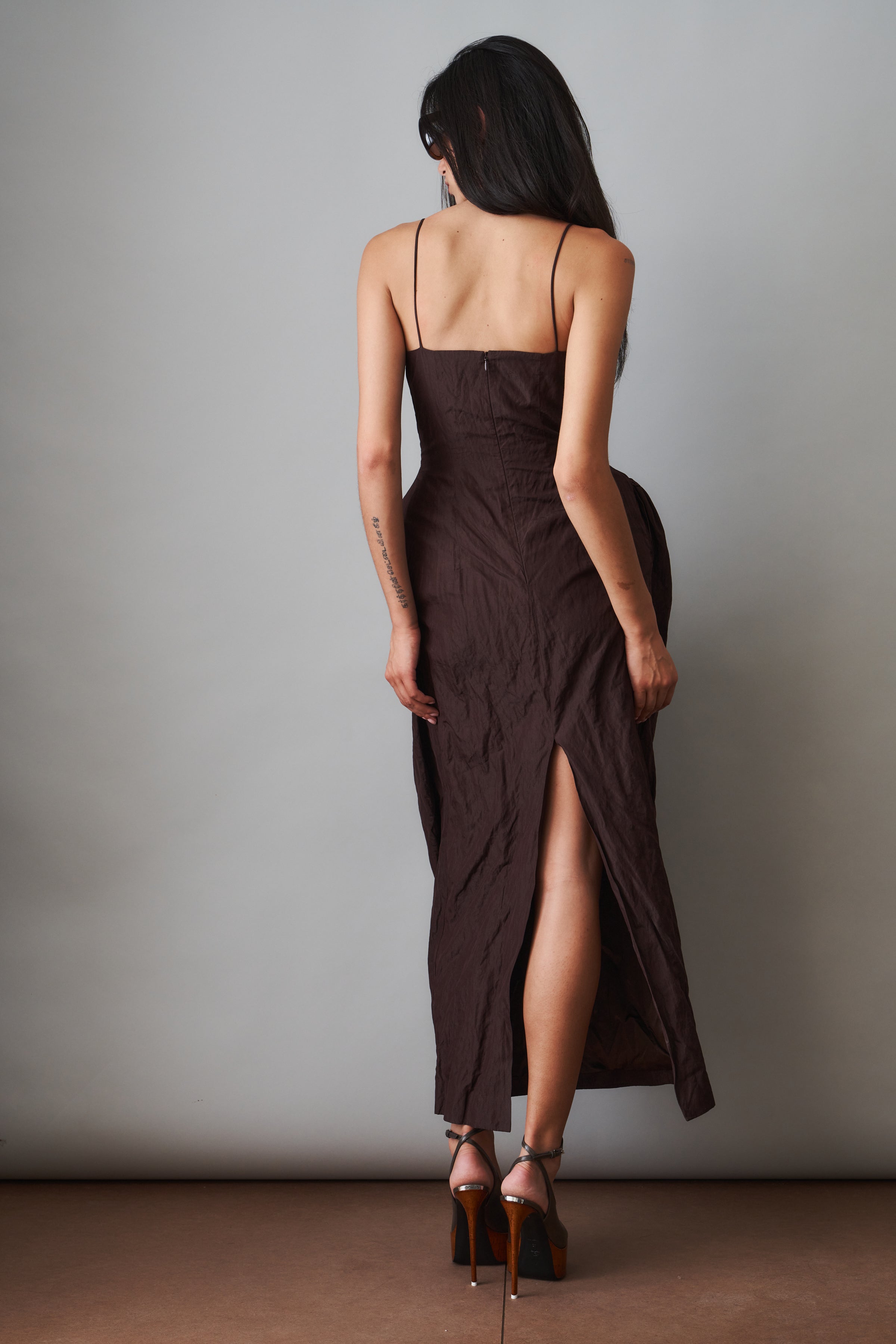 Bustier Dress with Voluminous Skirt in Brown