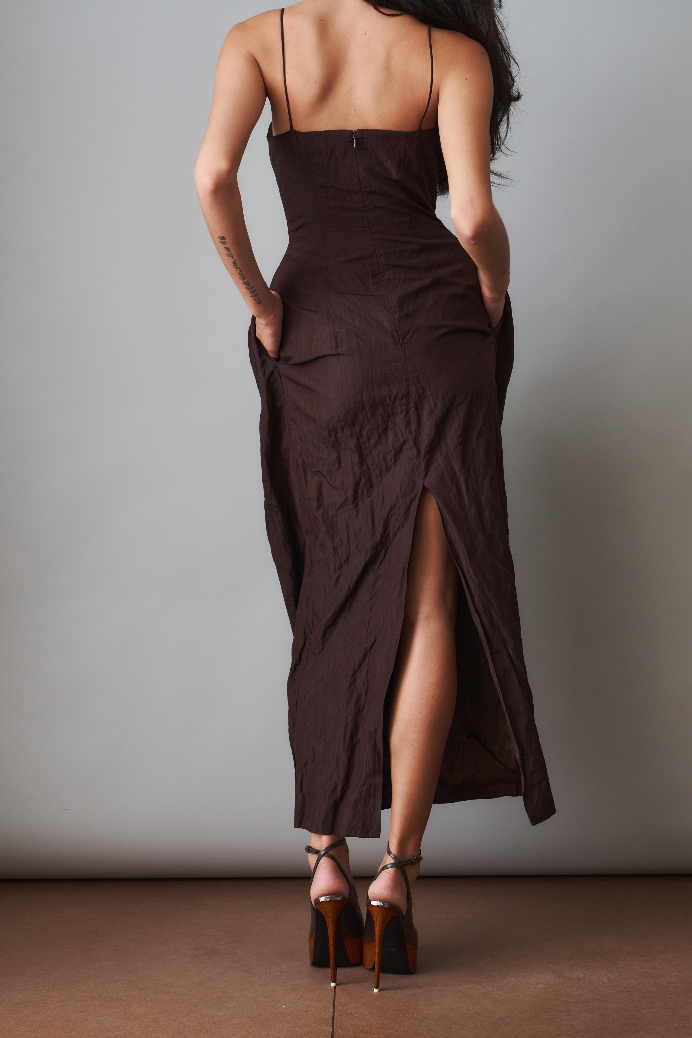 Bustier Dress with Voluminous Skirt in Brown