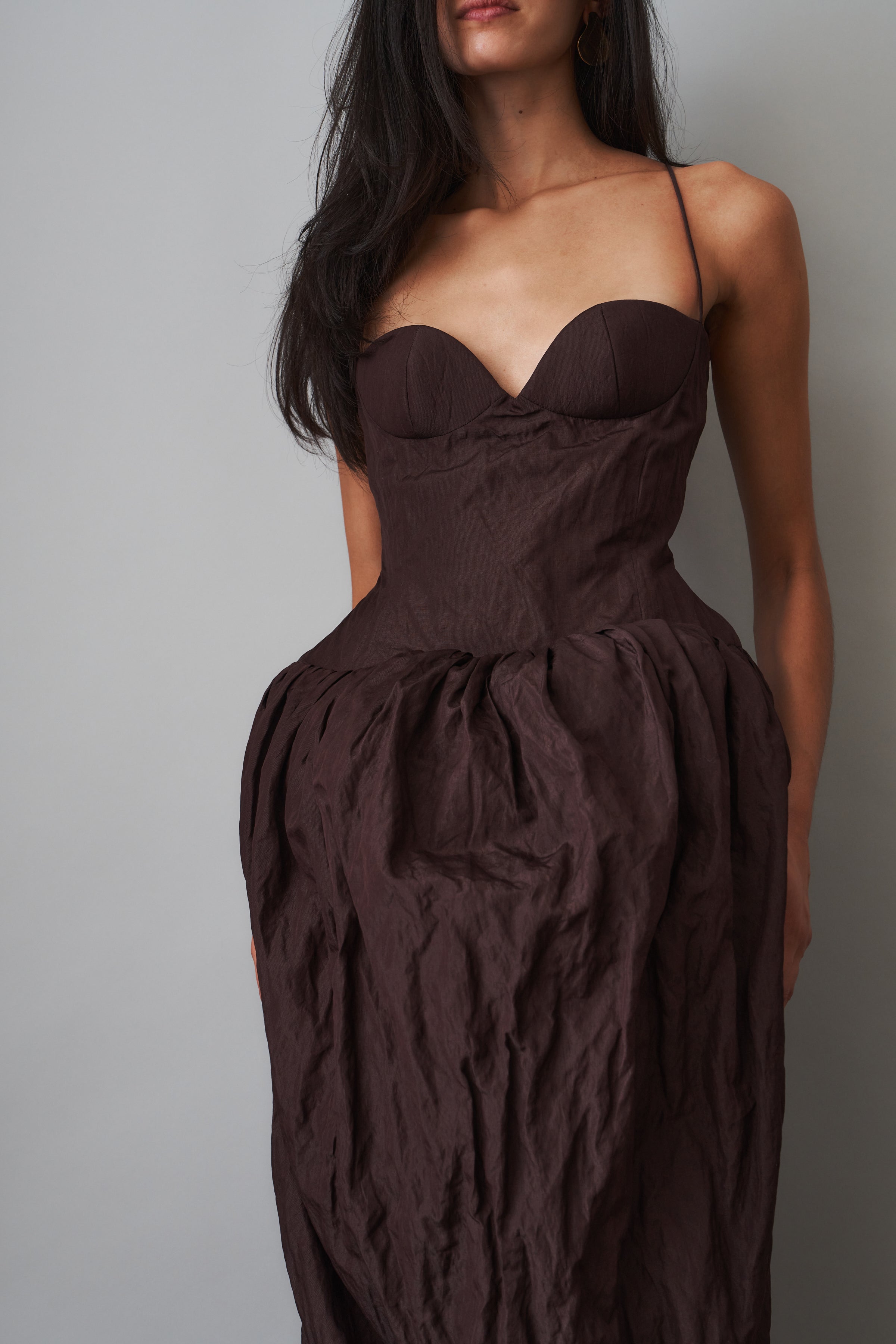 Bustier Dress with Voluminous Skirt in Brown
