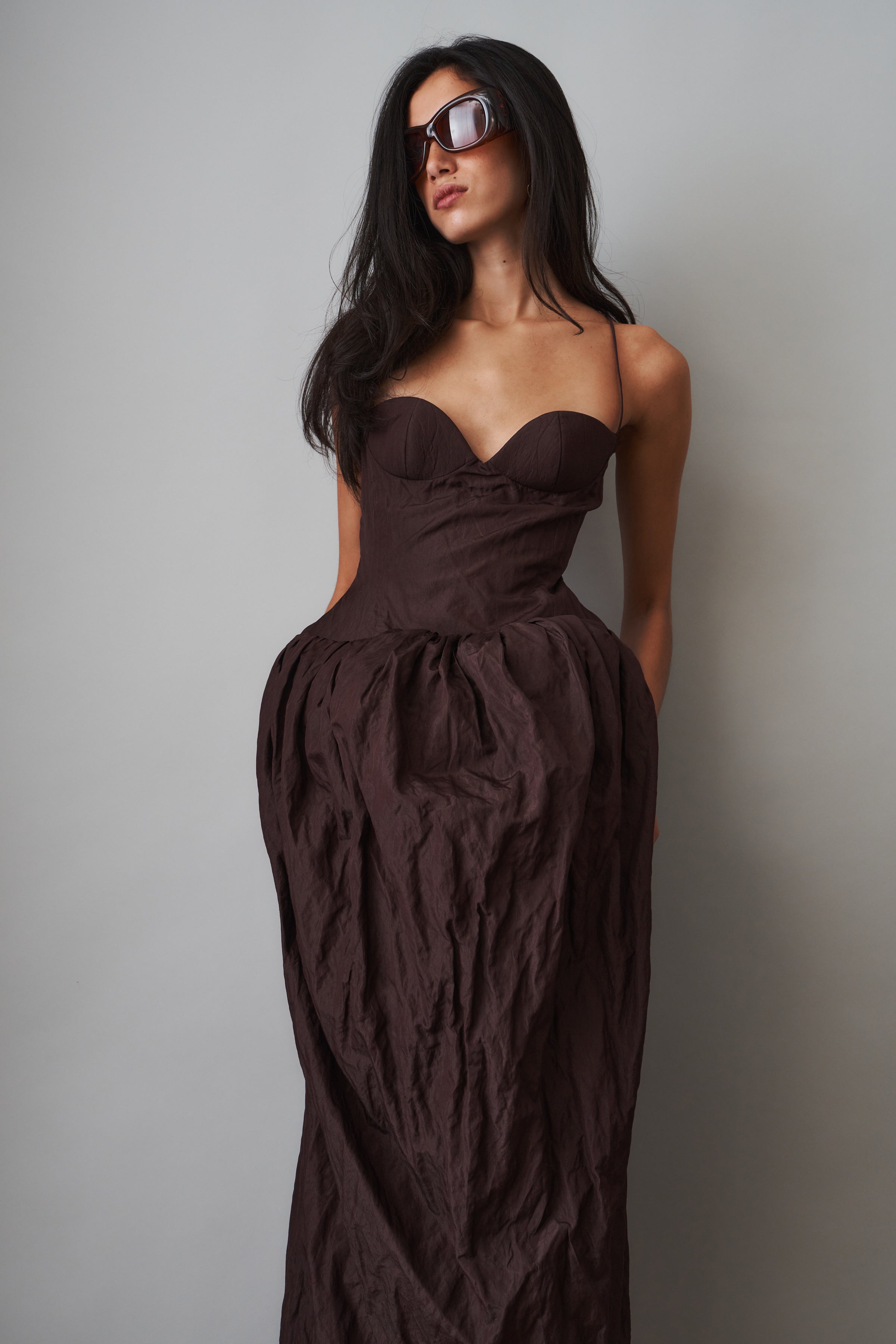 Bustier Dress with Voluminous Skirt in Brown