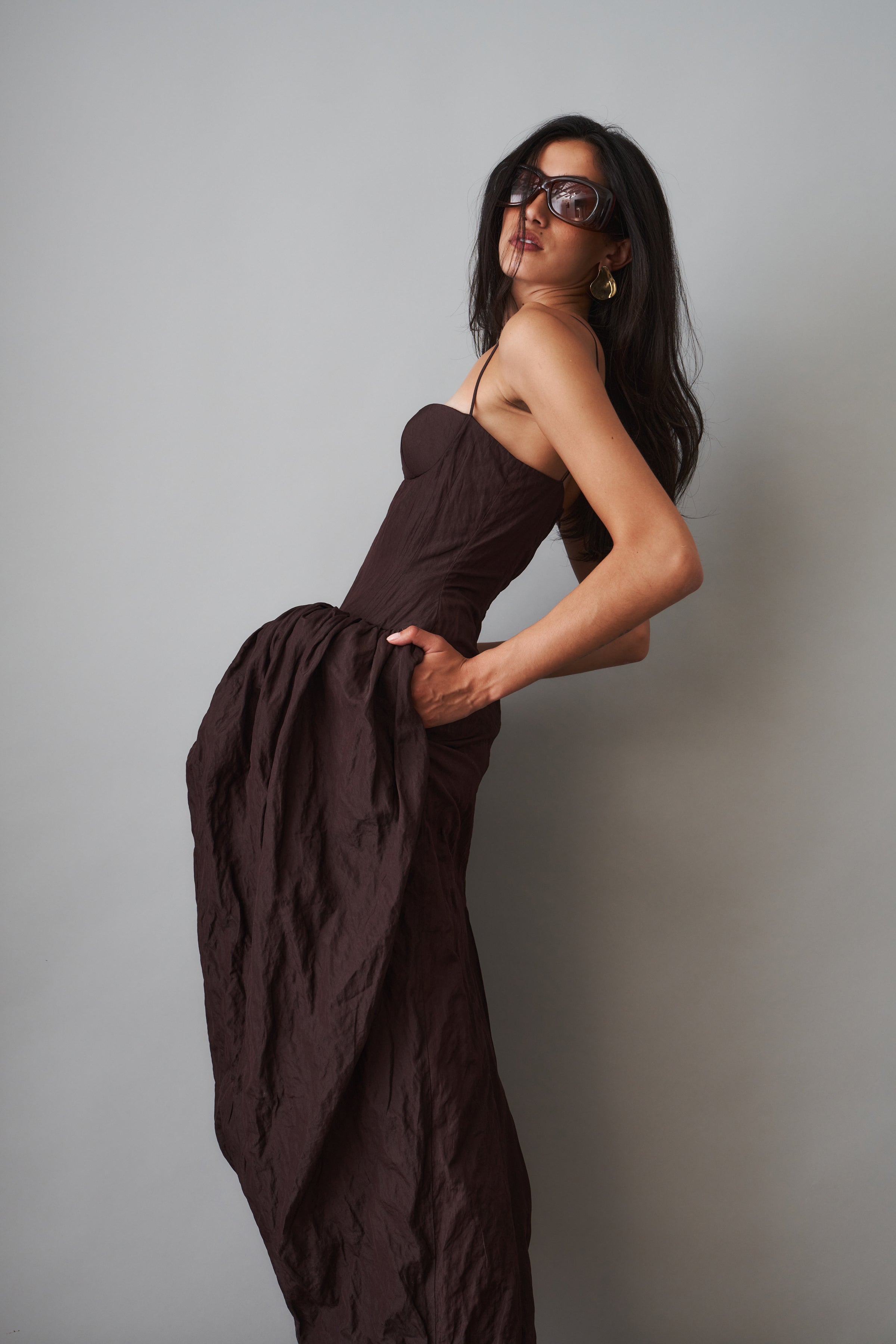 Bustier Dress with Voluminous Skirt in Brown