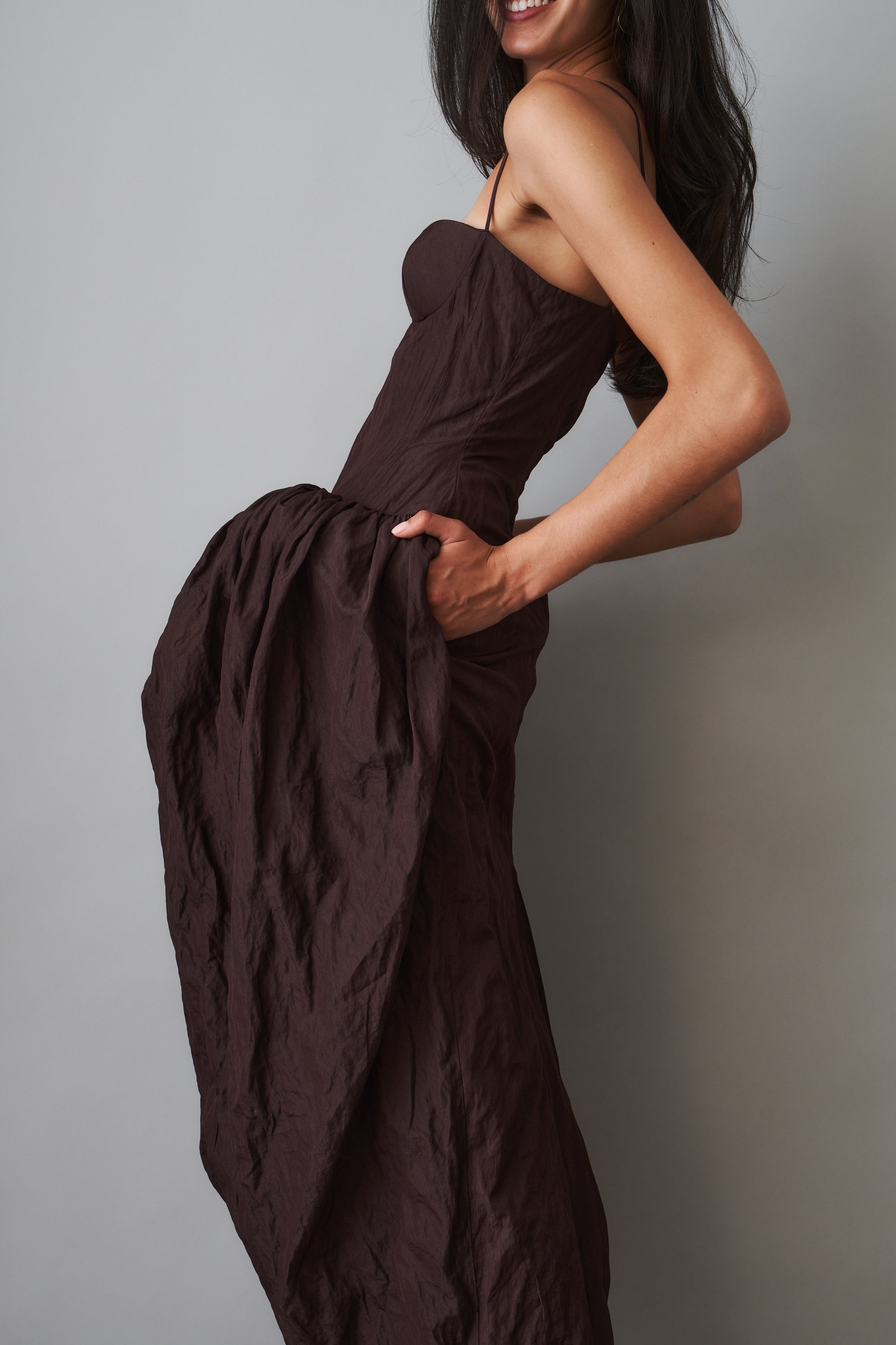 Bustier Dress with Voluminous Skirt in Brown