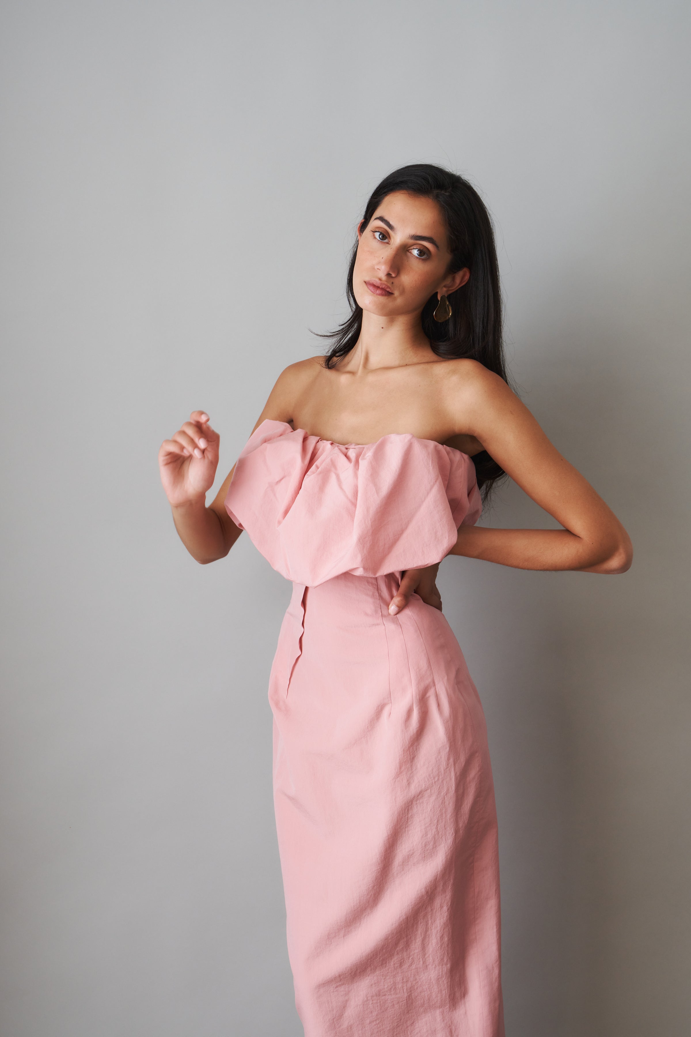 Sculptural Neckline Fitted Dress in Pink