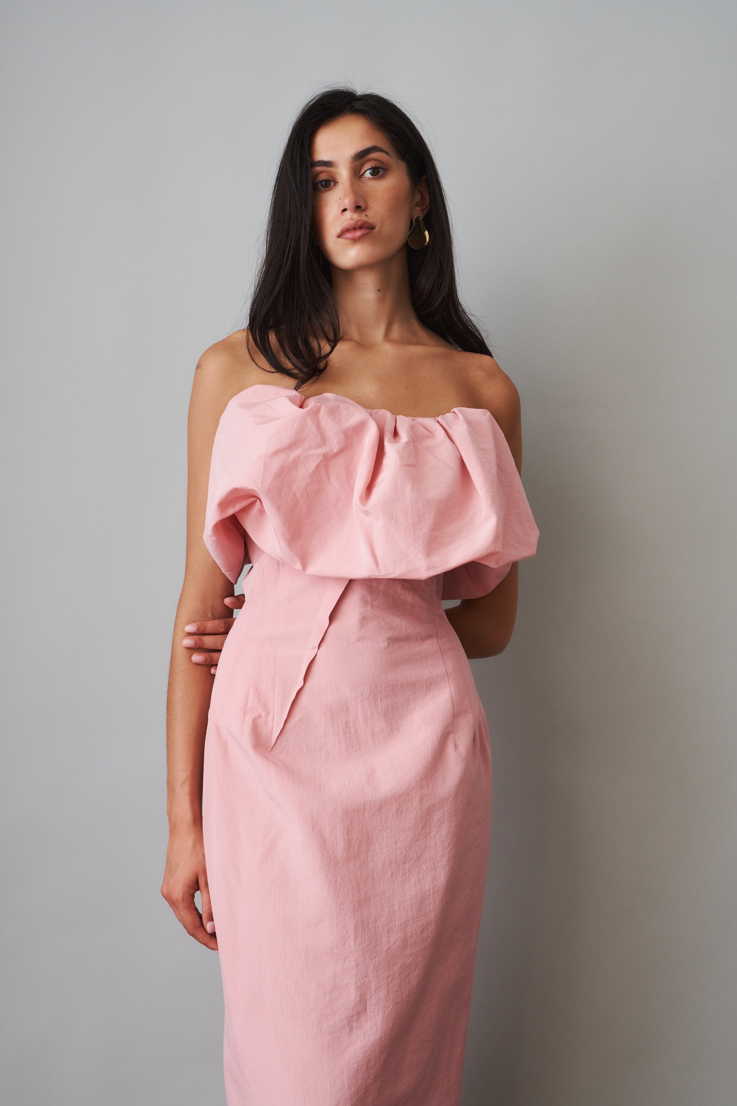 Sculptural Neckline Fitted Dress in Pink