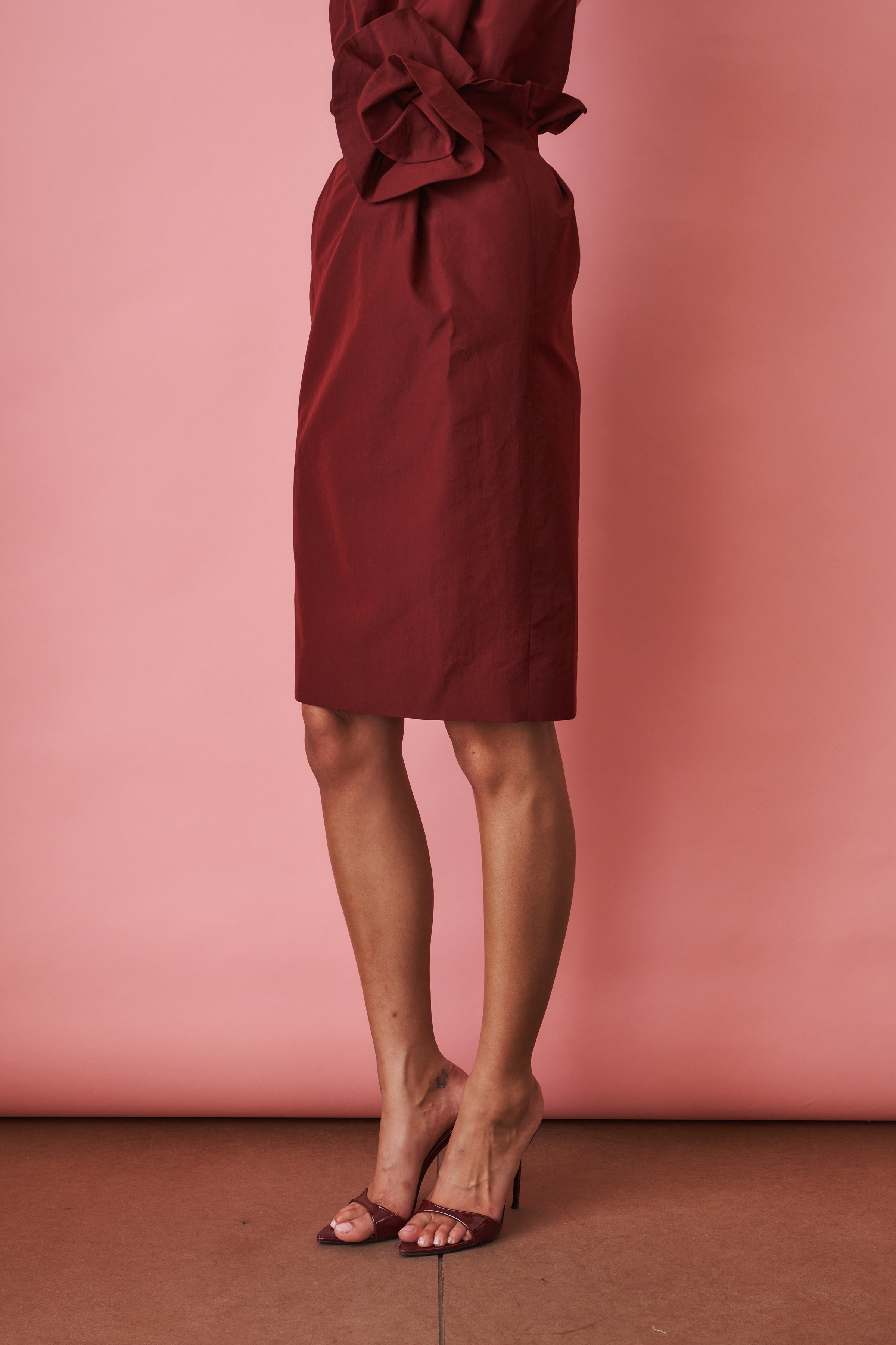 Flower Detail Midi Skirt in Burgundy